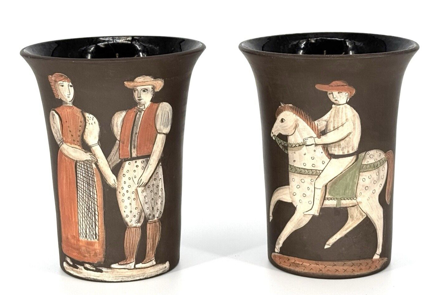 Pair of MEISTER Hand Painted Art Pottery Vases, Folk Art Figures SWITZERLAND