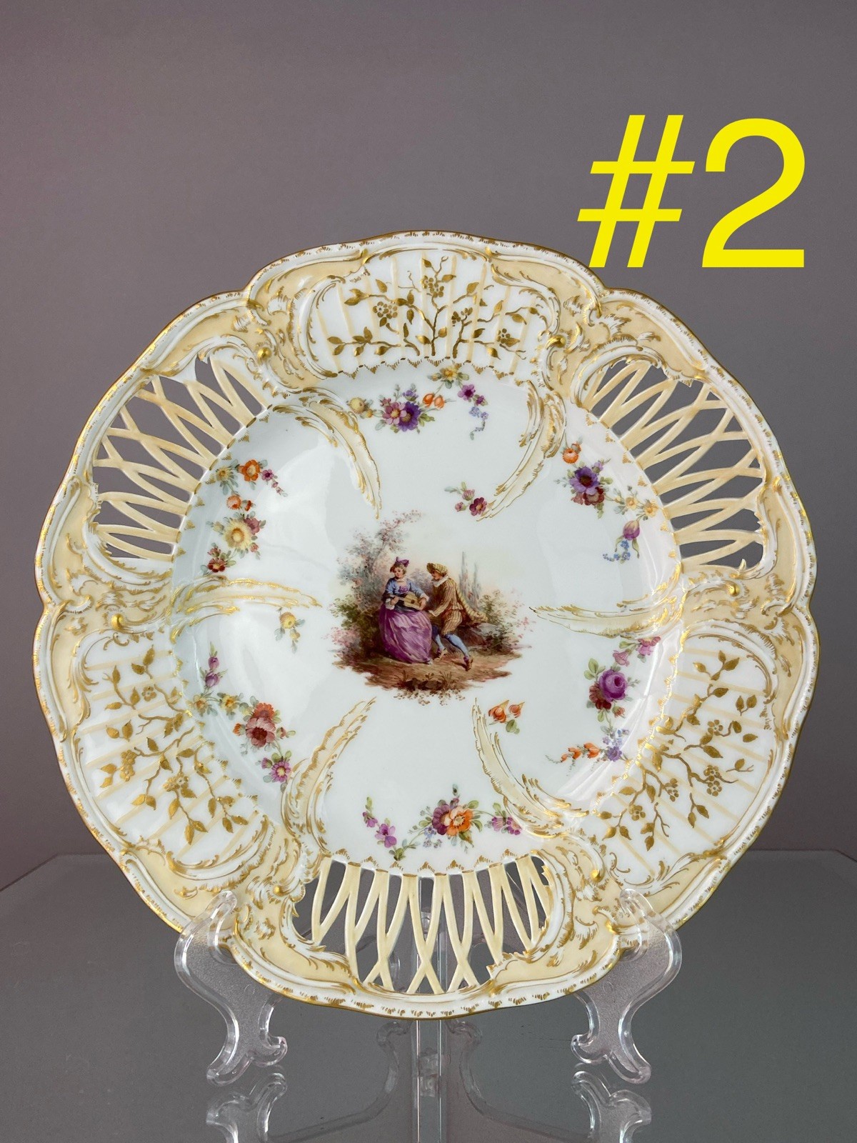 Important KPM Berlin Reticulated Plate, Watteau-Style Scene, 19th Century #2
