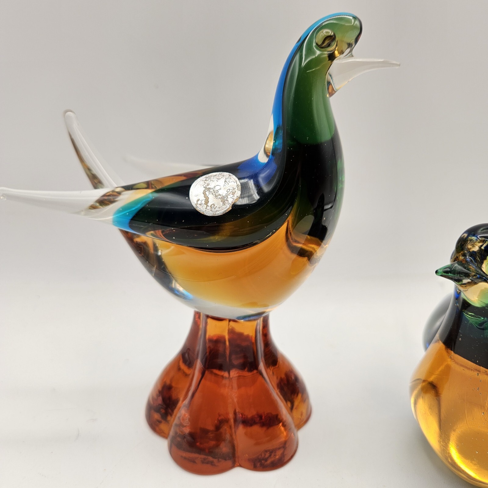 VTG Set Of 2 Murano Art Glass Birds Doves Green Blue Yellow Amber W/ Sticker