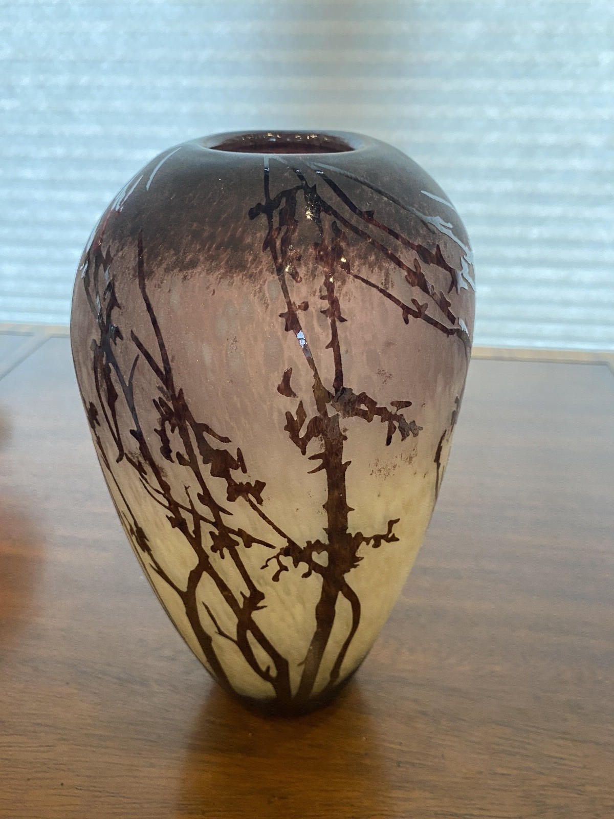 STUNNING VTG Multicolored Acid Etched Tall Trees Cameo Art Glass Vase 11.25″H