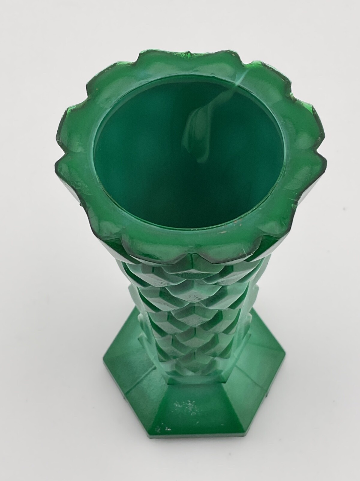 vintage czech malachite glass vase 4″