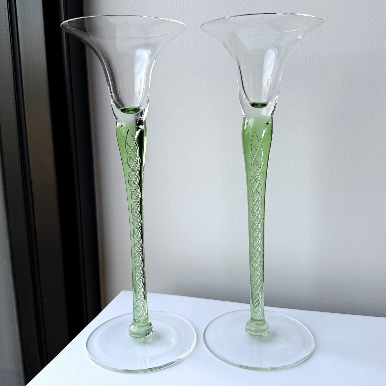 Pair of BLOCK Crystal Glass Poland Candle Stick Holders Green Air Twist Stem 10″