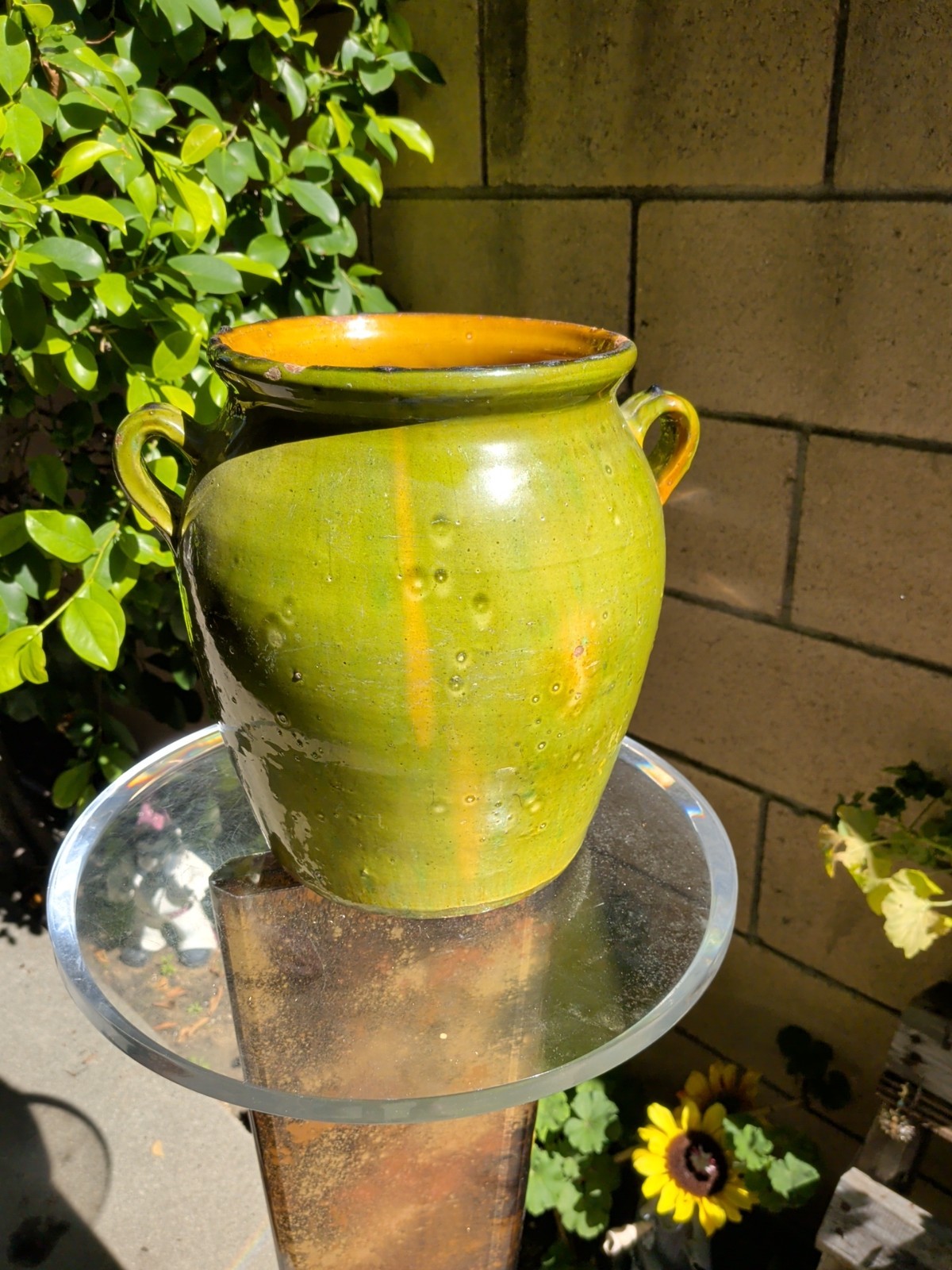 Antique French Green Glazed Terracotta Pottery Vase or Cache