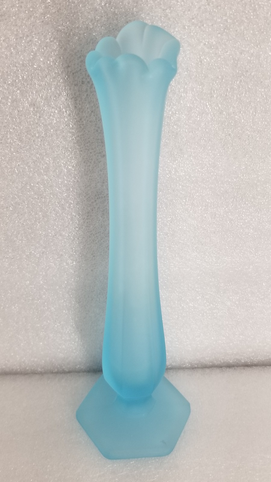 Westmoreland Glass * Paneled Bud Vase * Light Blue Satin Mist * 9.5″ * 0762