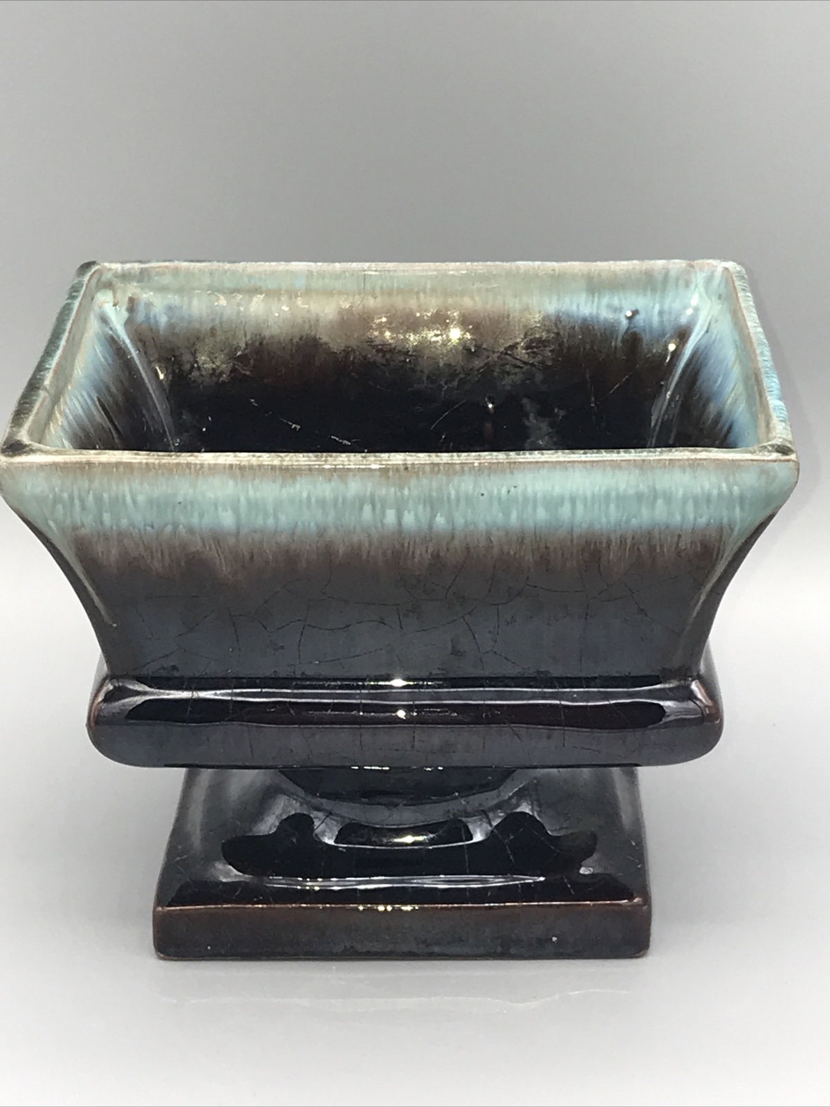 Vintage Ceramic Pedestal Planter Brown w/Green Drip Rim Preowned 5.75×4.75”