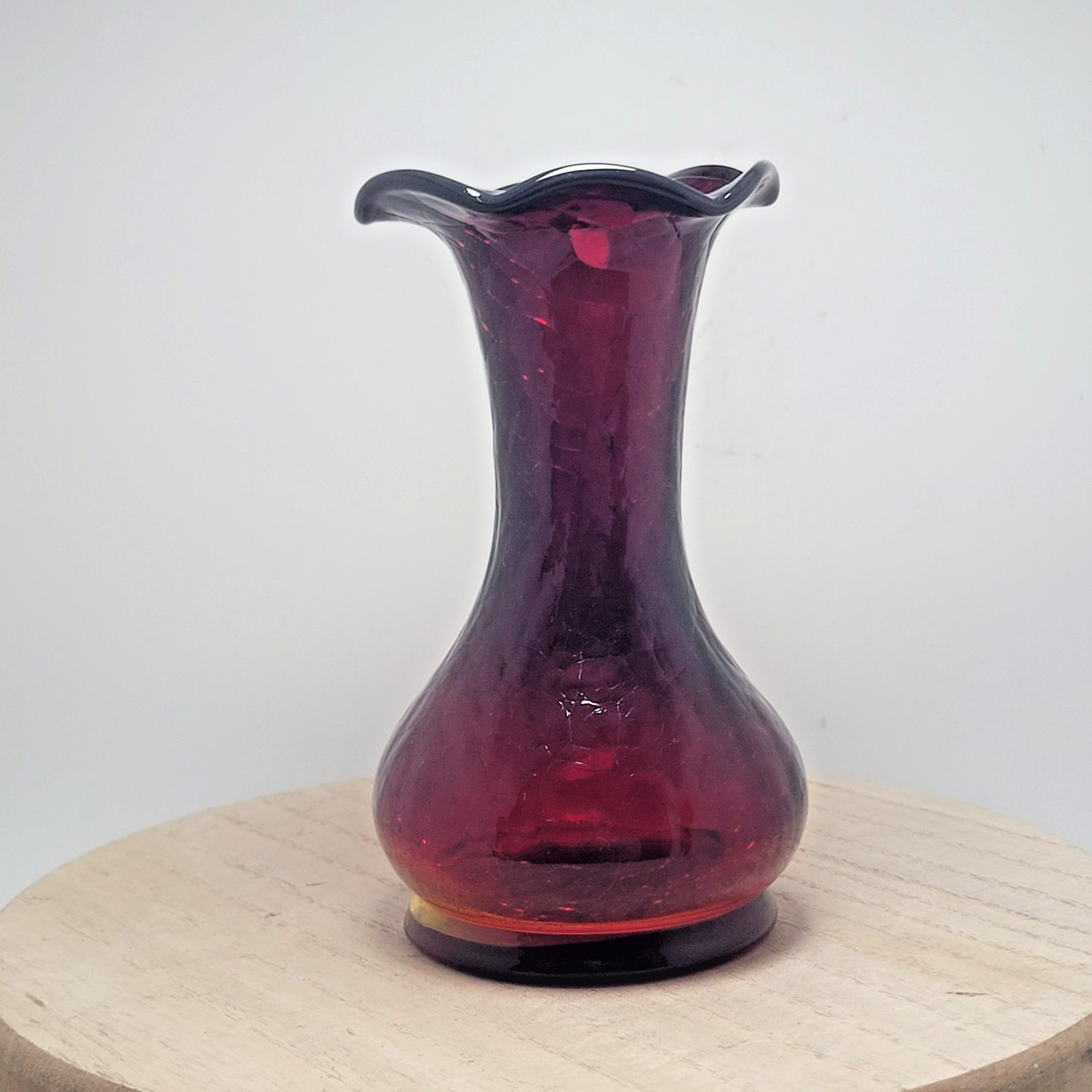 Vintage Ruby Red Crackle Glass Bud Vase 5″ Tall READ