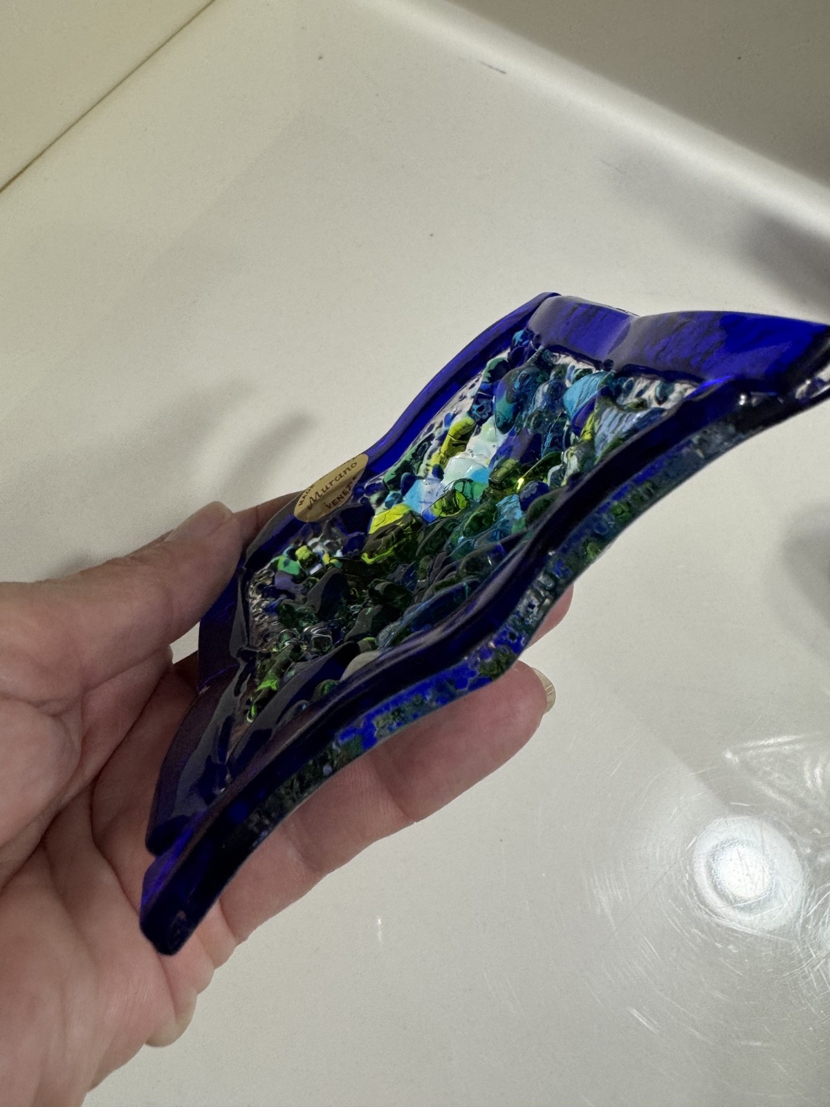 Murano Venetia Hand Fused Millefiori Blue Art Glass Candy Trinket Dish Square
