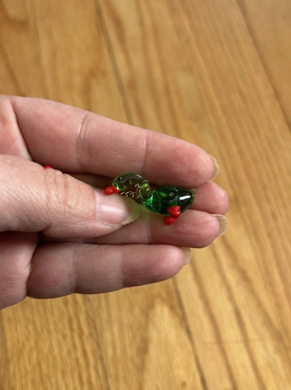 Miniature Tiny Blown Glass Art Green Swans Birds Figurines Decor On Chain Rare