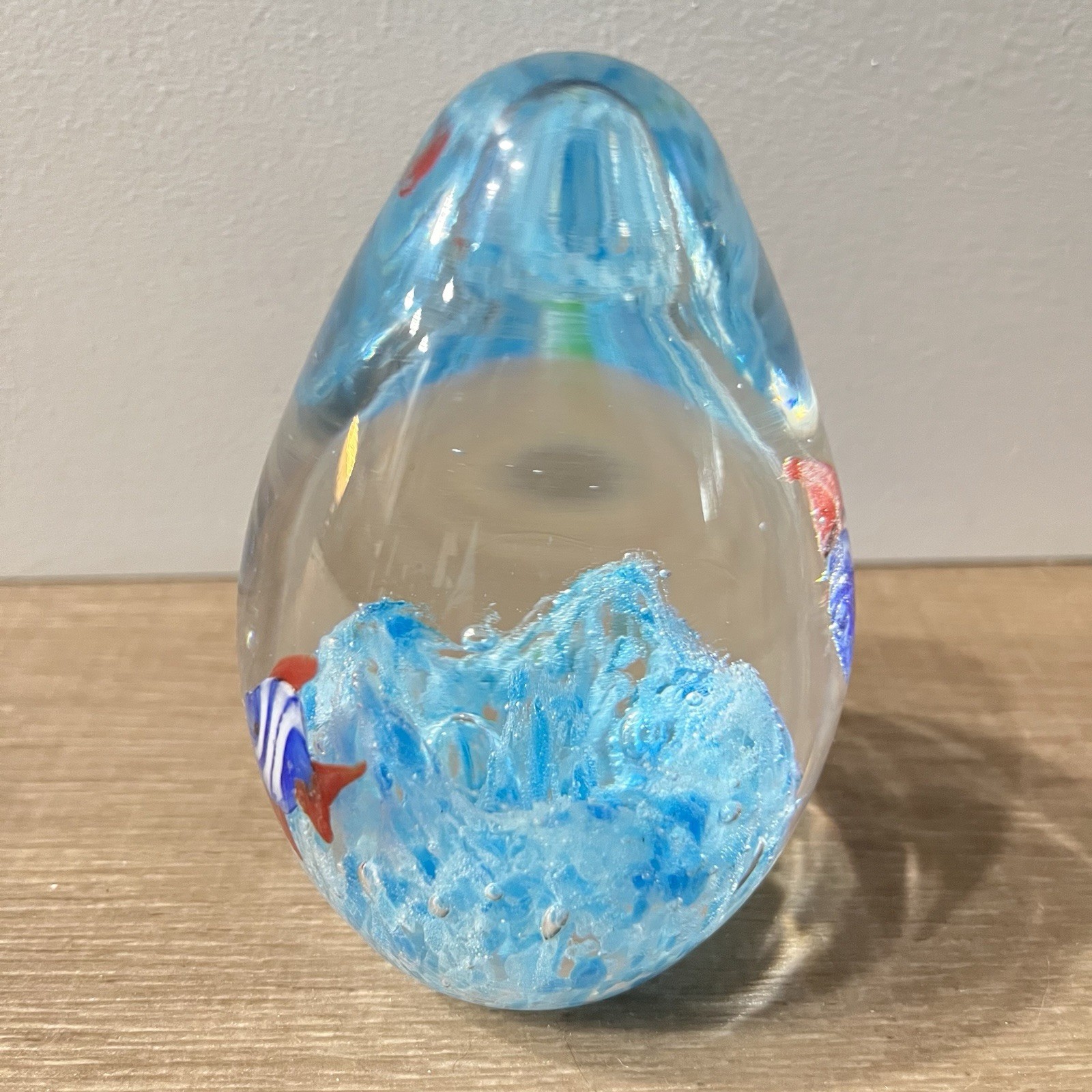 Aquarium Blue Fish Art Glass Paperweight Egg Shape 4″ Tall 1″ Dia Heavy 13oz