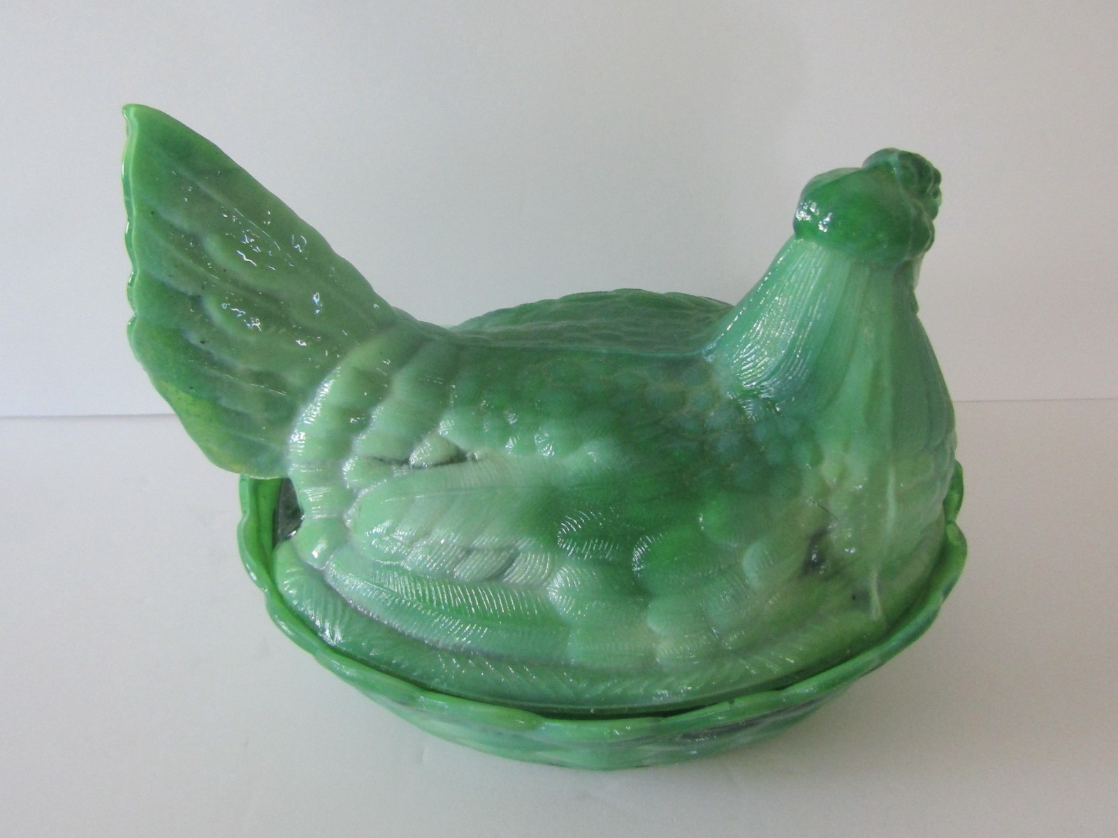 Unbranded Green Slag Glass Hen on a Basket Covered Candy Dish