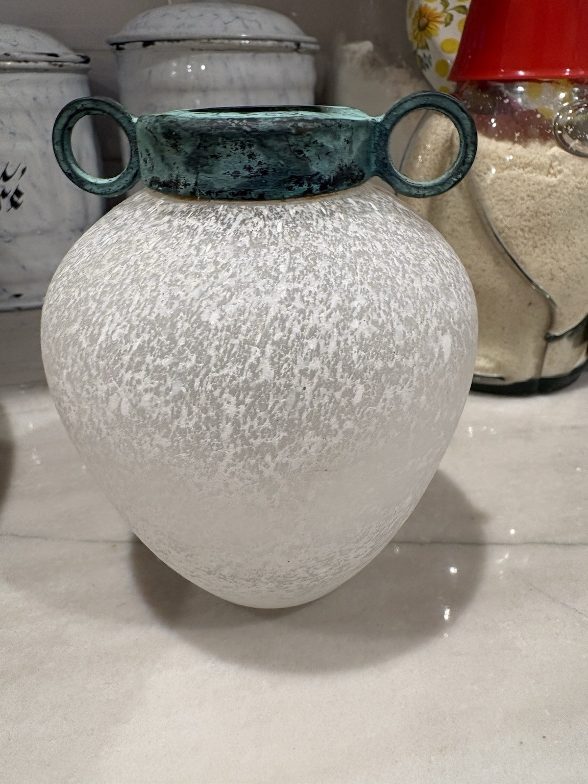 Vintage Silvestri Mid Century Mouth-Blown Scavo Art Glass Vase W Verdigris Top