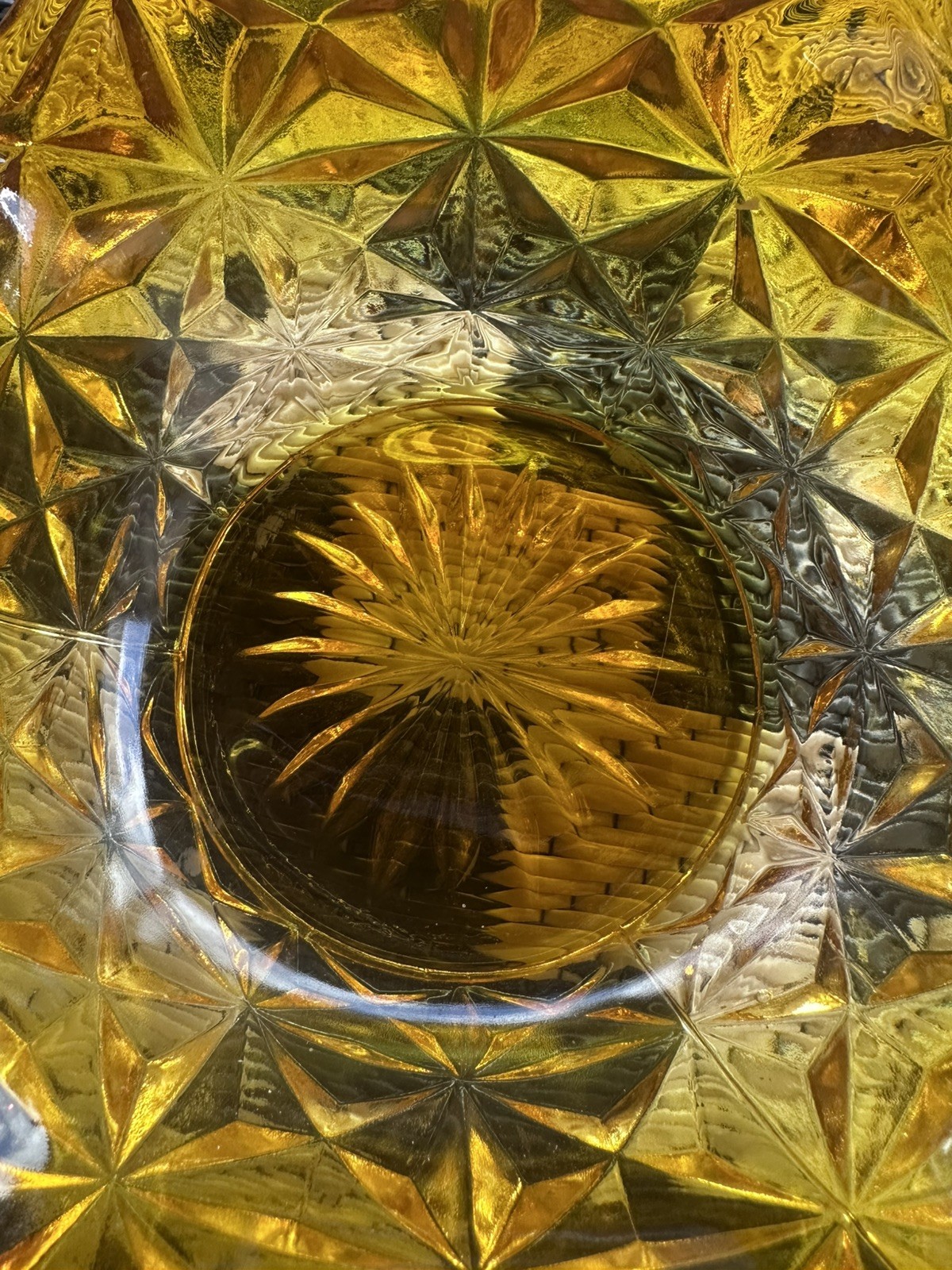 Indiana Glass Monticello Pattern Yellow Mist Amber Handled Basket Candy Dish Vtg