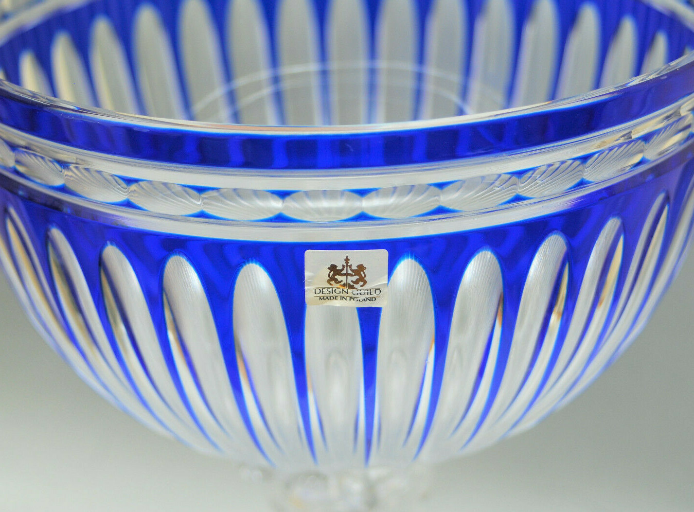 16″ OLD WILLIAMSBURG COBALT CUT CLEAR COMPOTE DESIGN GUILD POLAND LEAD CRYSTAL
