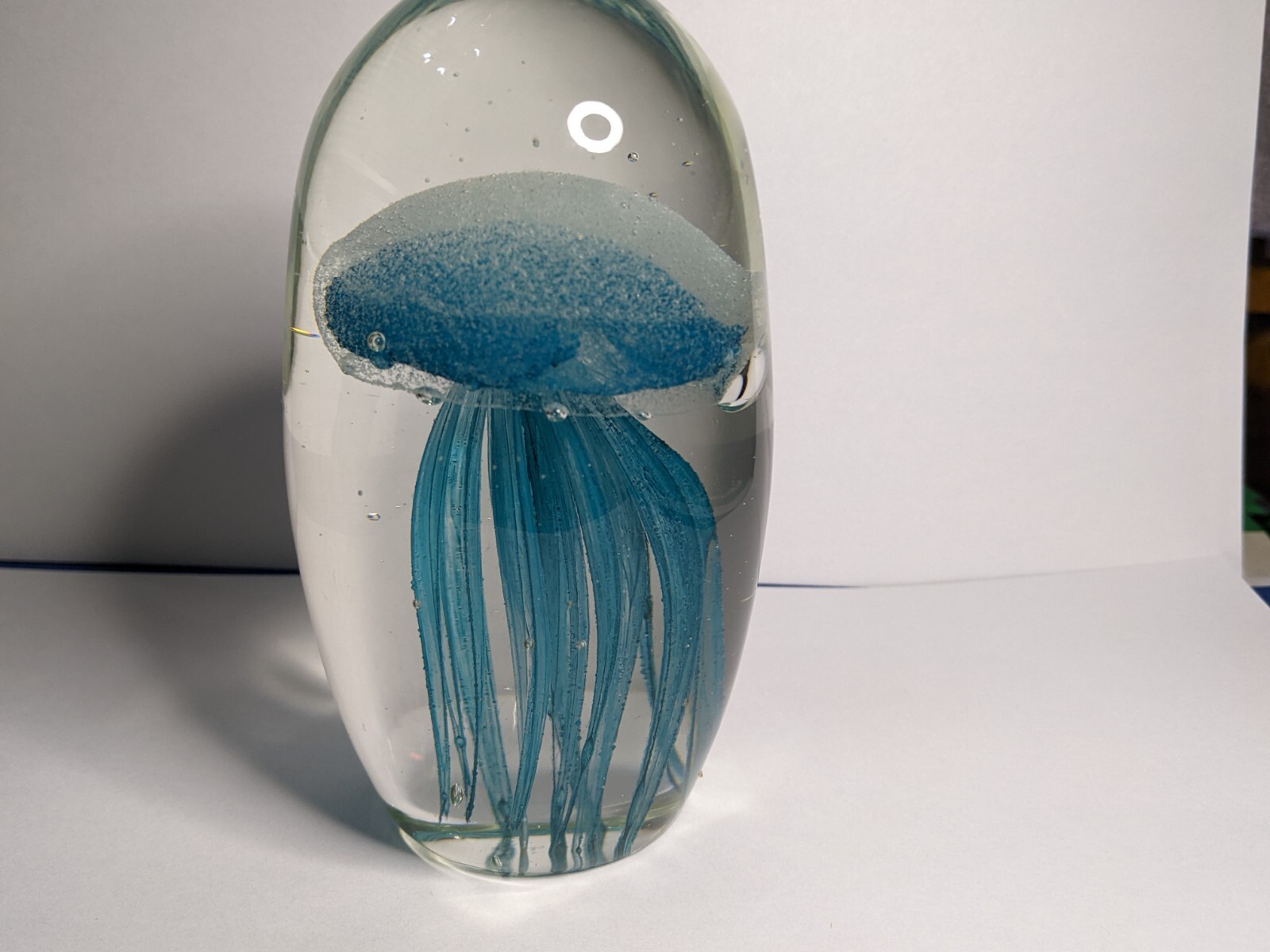 Hand Blown Art Glass Blue Jelly Fish Paperweight 5”H 2lb Glow In Dark