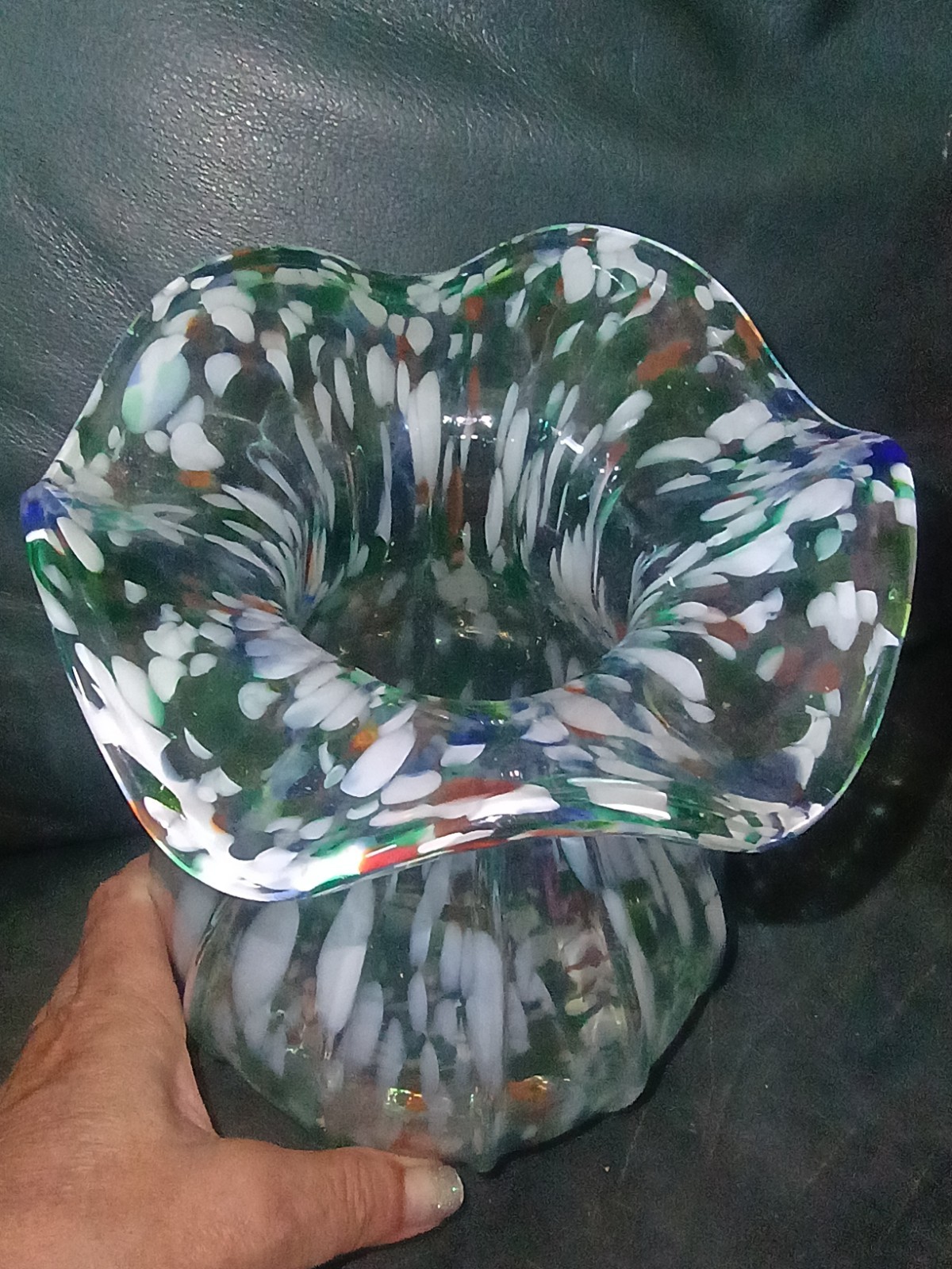 Art Glass Vase Ruffle Top Vase Blue Green Orange 8″ End of Day Colorful Medium