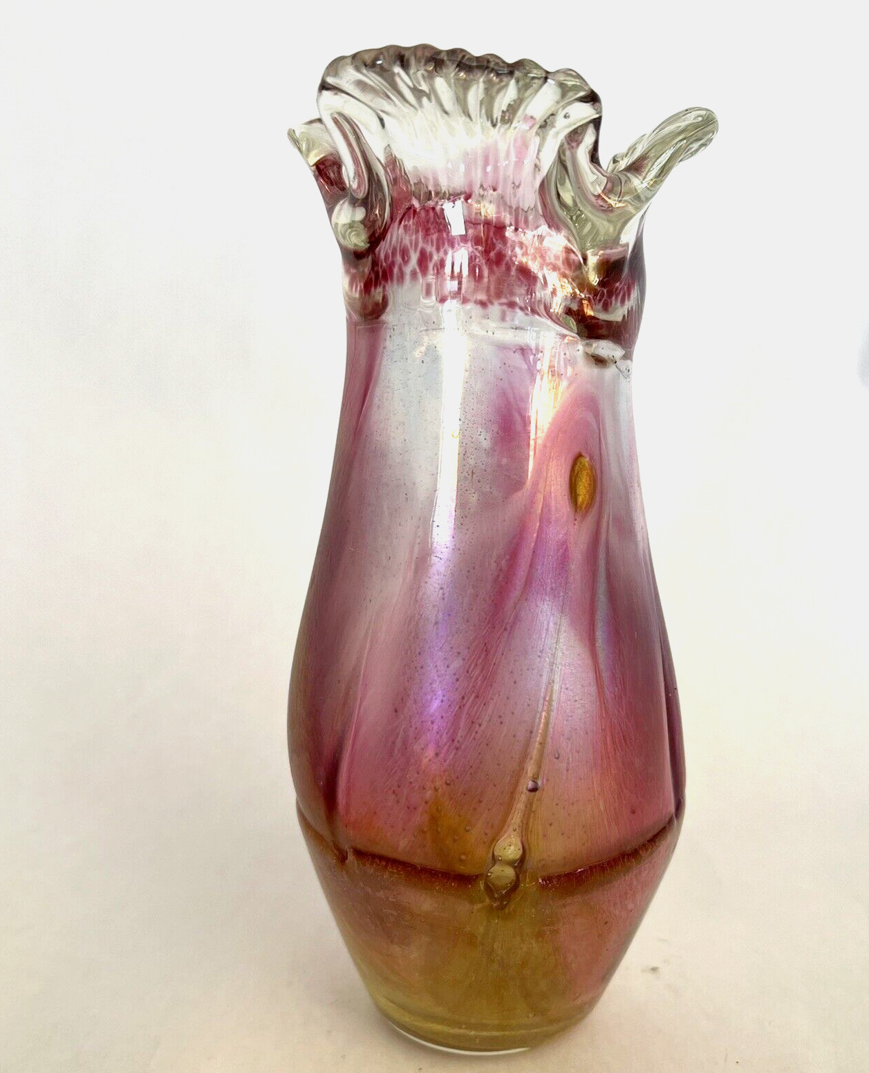 Vintage Hand Blown Pink and Yellow Green Iridescent Vase 7″ Tall X501