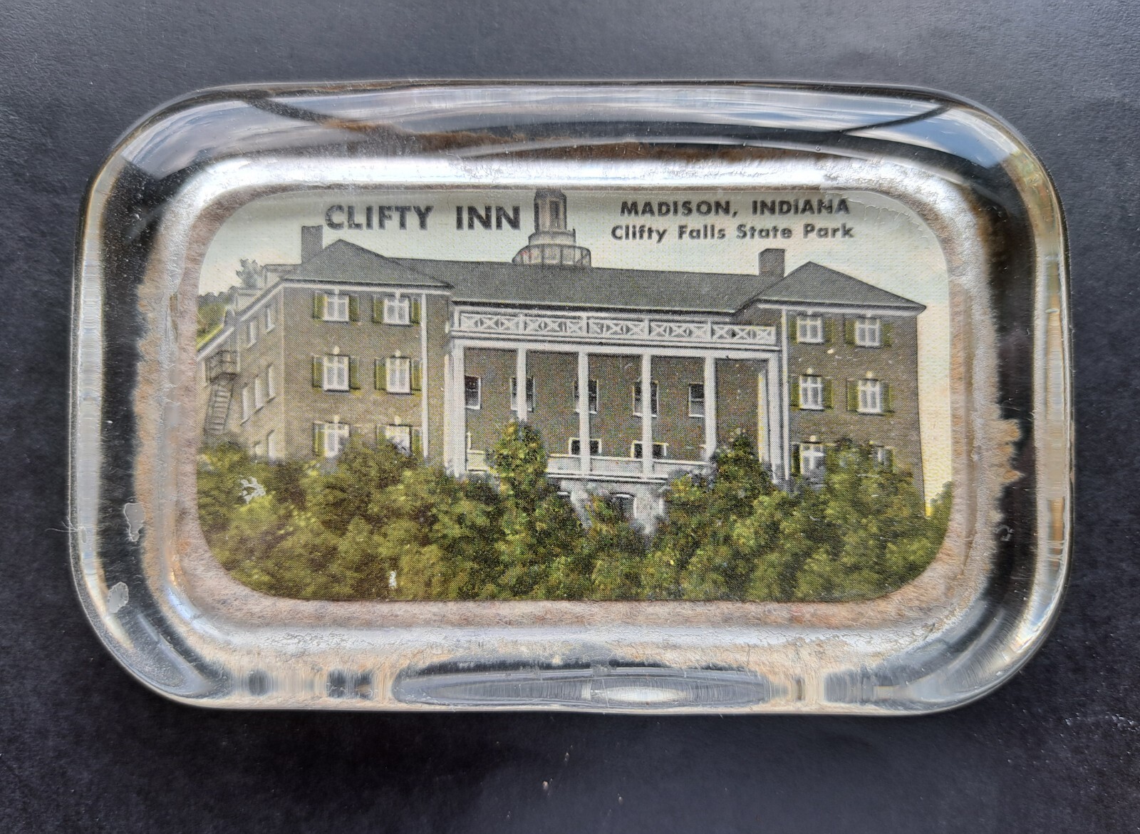 Vintage 4-1/8″ x 2-5/8″ Glass Block Paperweight ~ CLIFTY INN Madison IN (c. 1940