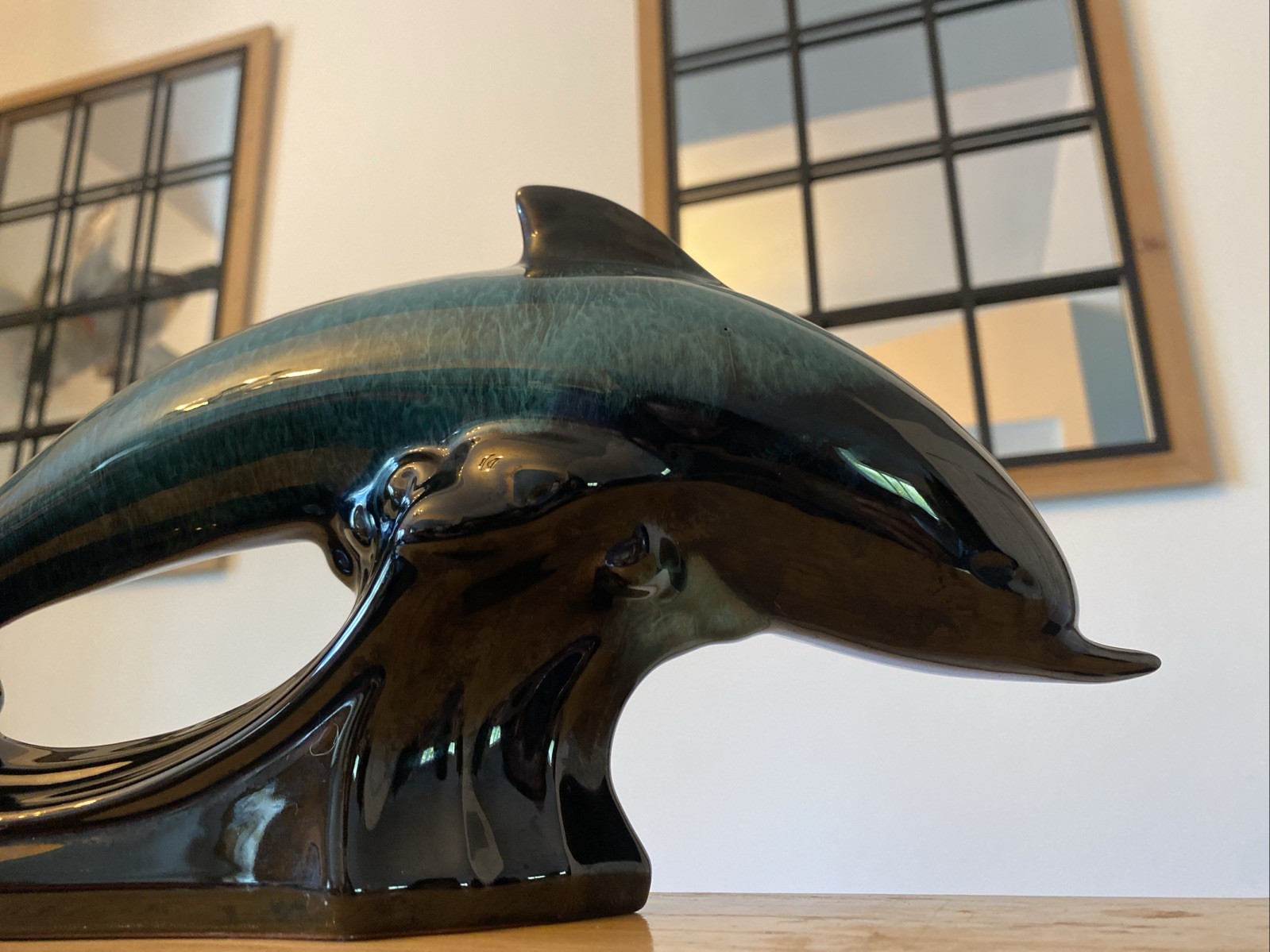 BLUE MOUNTAIN POTTERY JUMPING DOLPHIN DRIP GLAZE TURQUOISE BLACK WAVES 12″