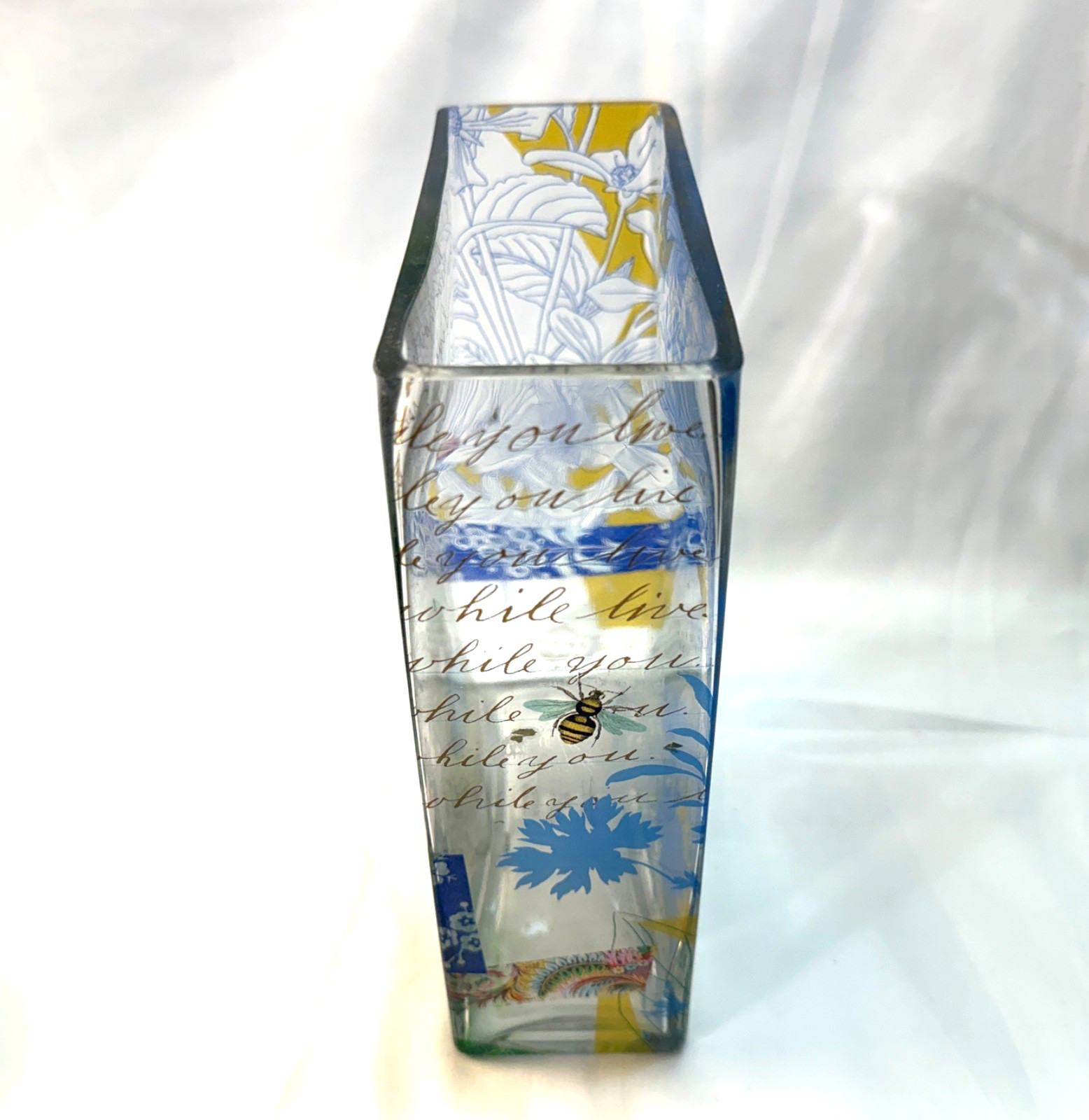 Vintage Art Glass Vase w Painting of Bird & Nest and Calligraphy. Fringe Studio