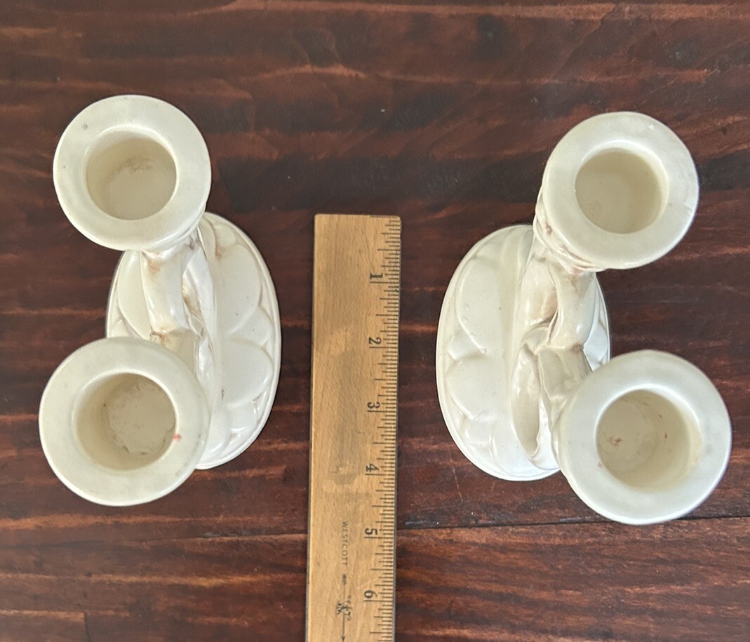 Vintage Pair Of Red Wing Pottery Double Candlestick Holders #397 USA 5 3/8x4x2”