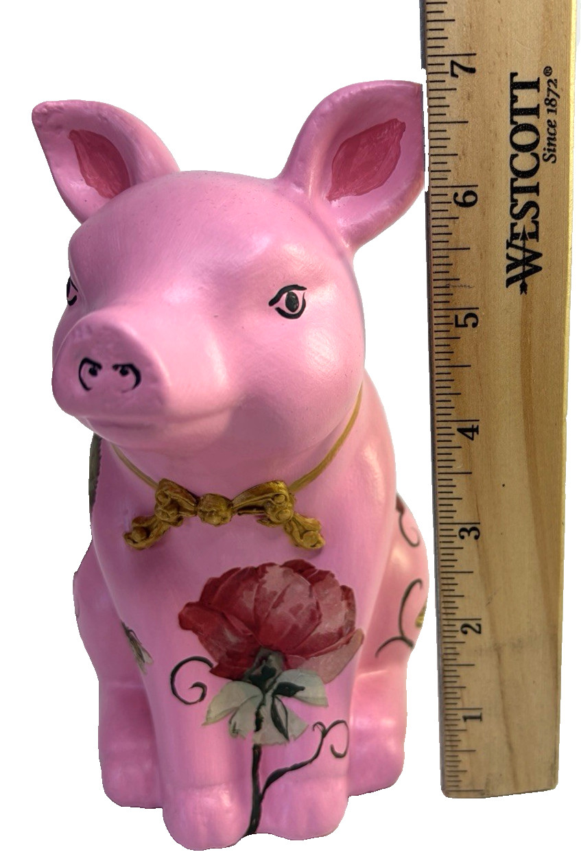 Pink Pig Figurine Handpainted Red Roses Gold Bow Bug Signed – Dopamine Decor