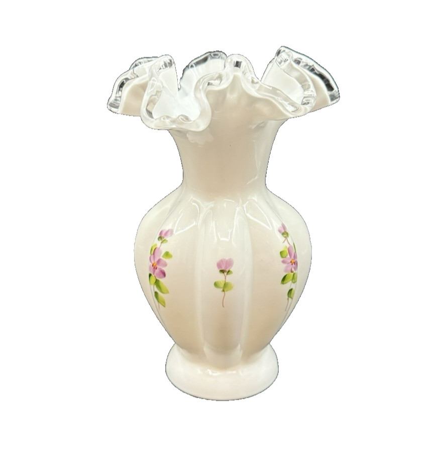 Fenton Silver Crest Ruffled Hand Painted Violets in the Snow 6″ Vase