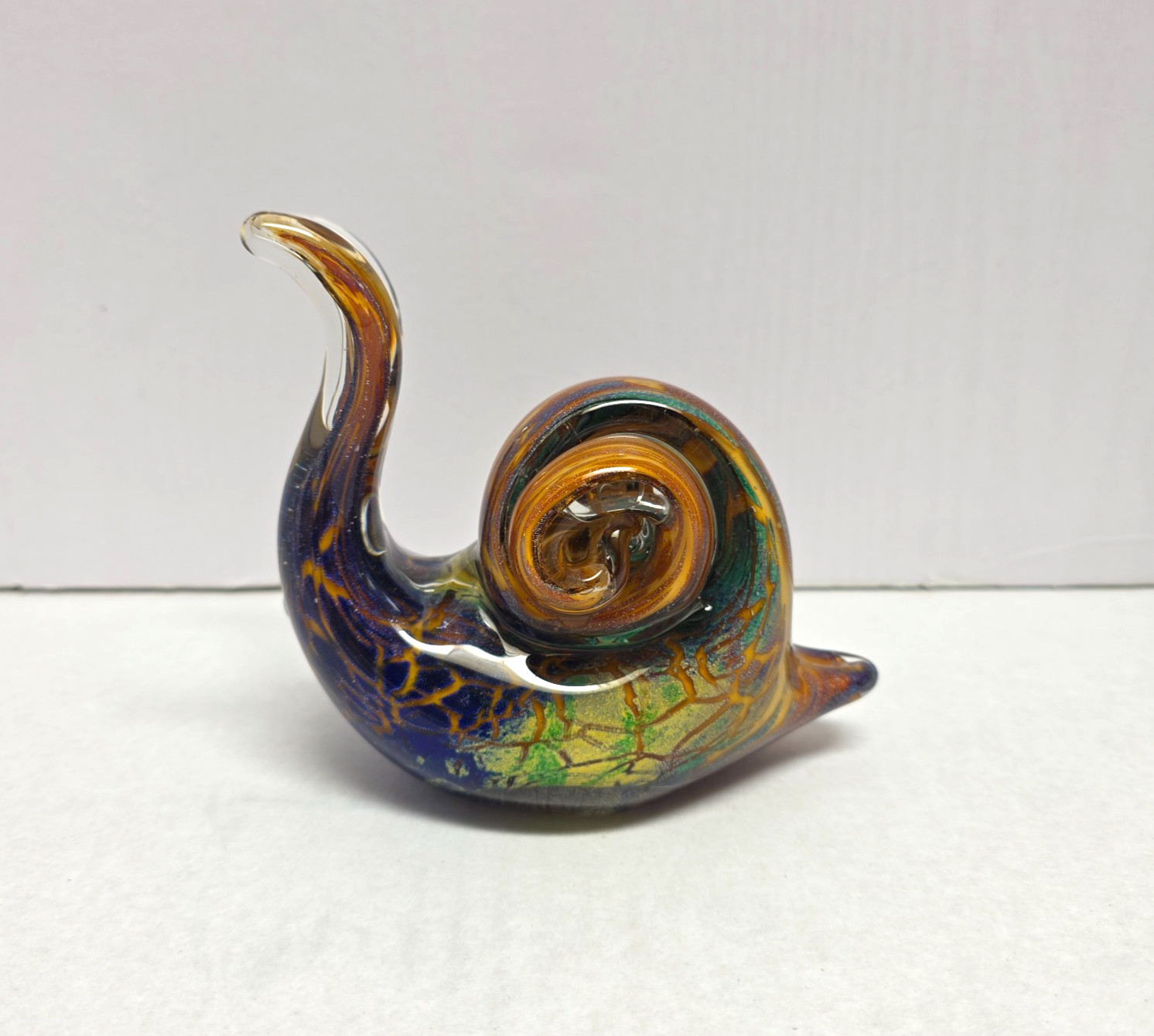 Fine Art Glass Large Snail Hand Blown Figurine Vibrant Orange and Blue Swirls