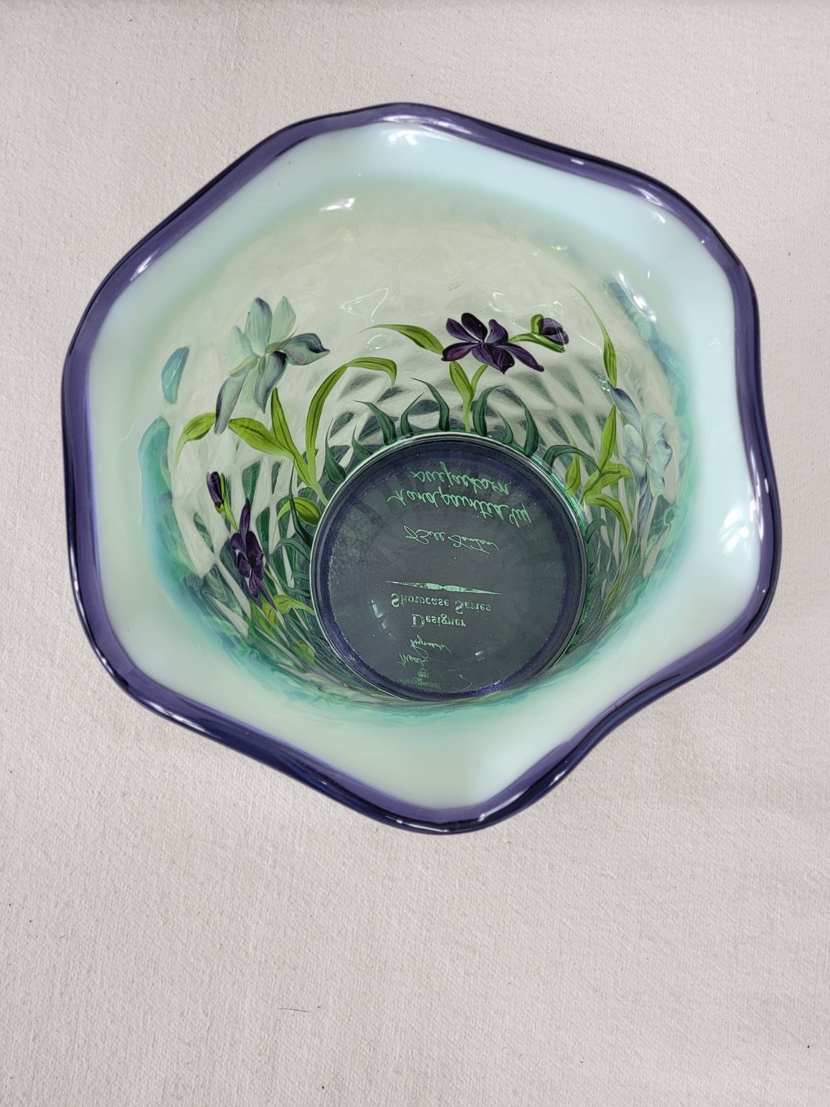 Fenton Designer Showcase Iris Vase Green Opalescent Martha Reynolds Stand 1 FLAW