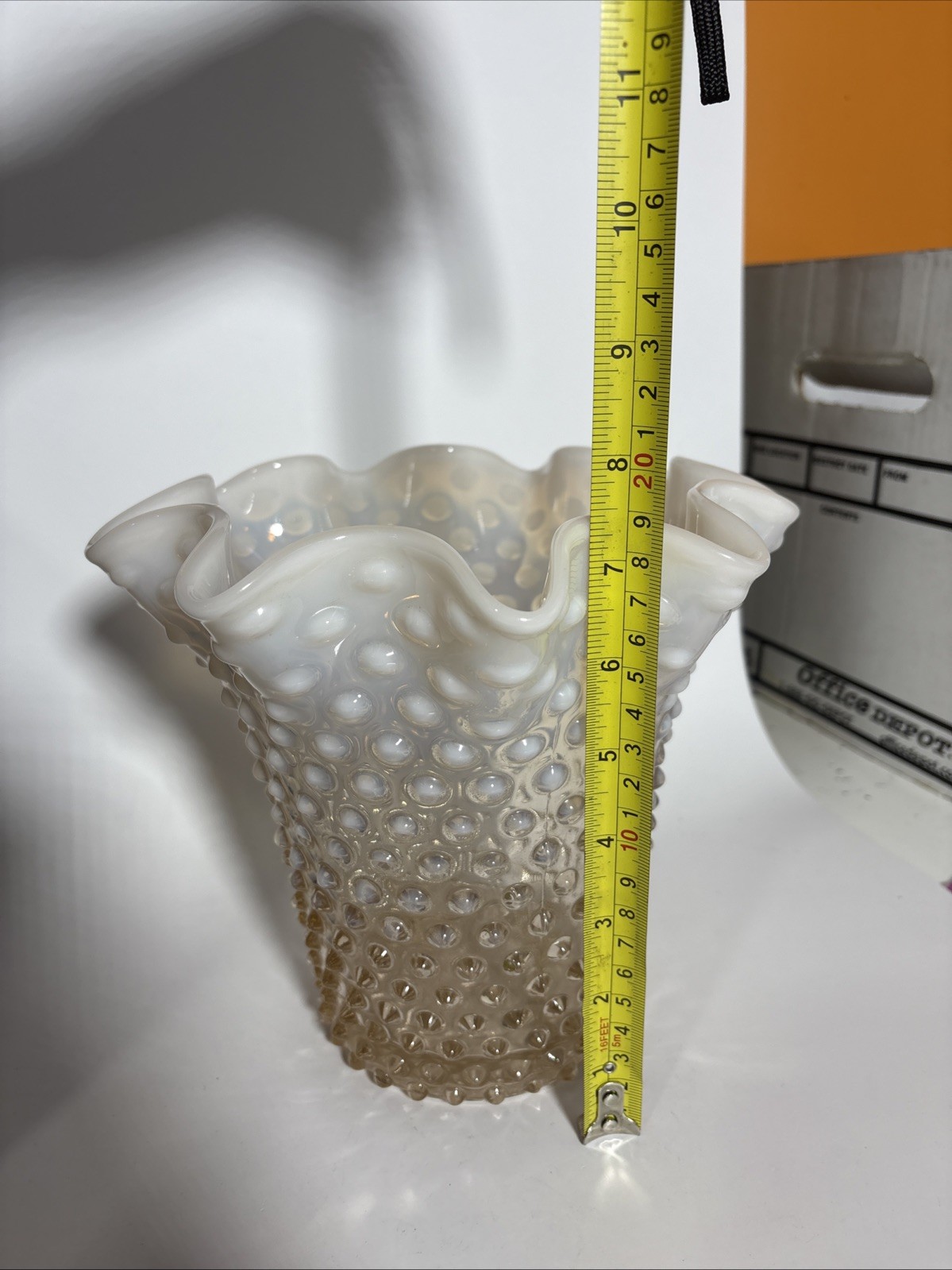 DUNCAN MILLER RUFFLED HOBNAIL Opalescent Peach White Ombré Vase 7.5”