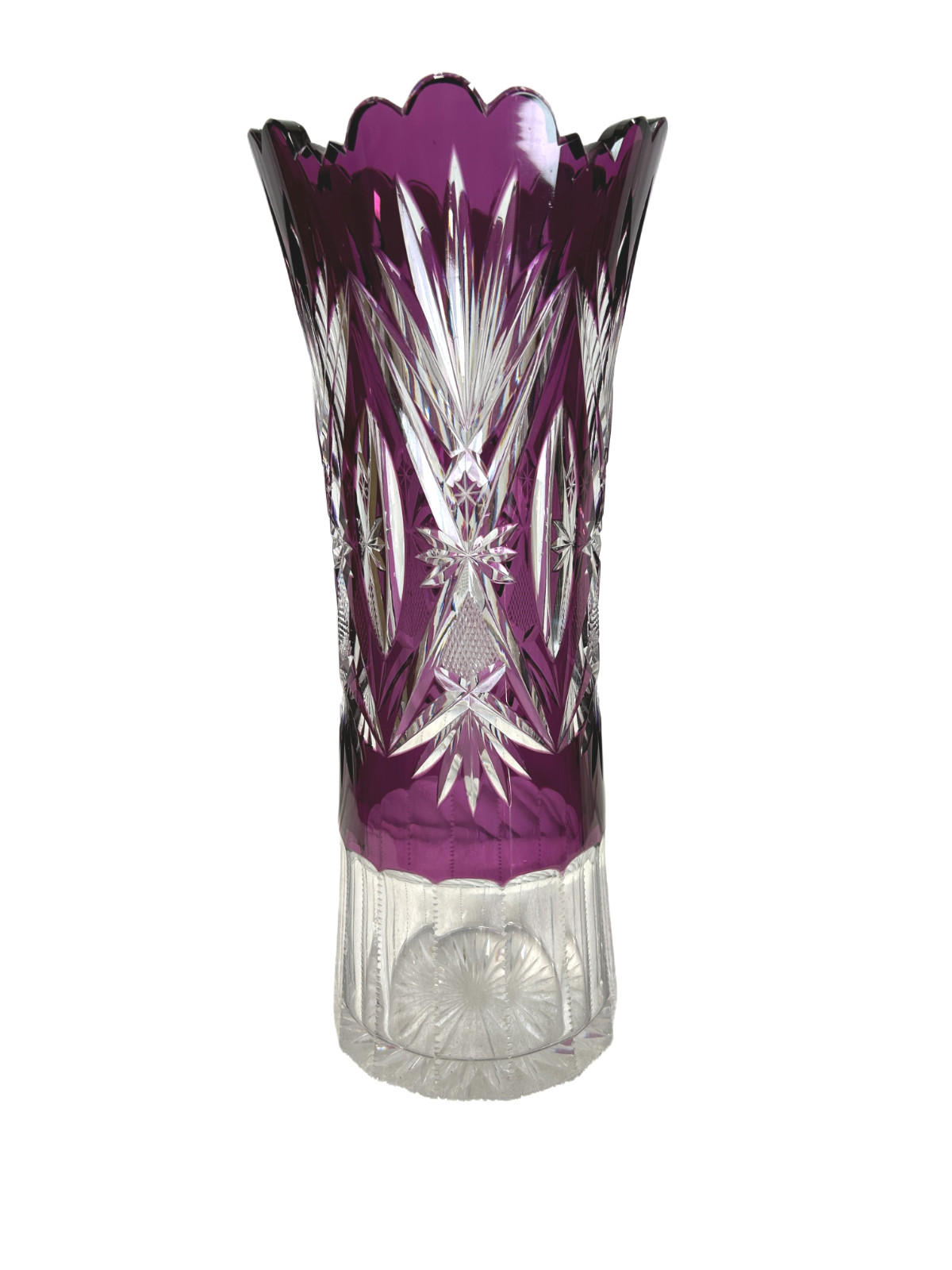 Val Saint Lambert Amethyst Cut to Clear Crystal Scheffel Trumpet Vase 11″