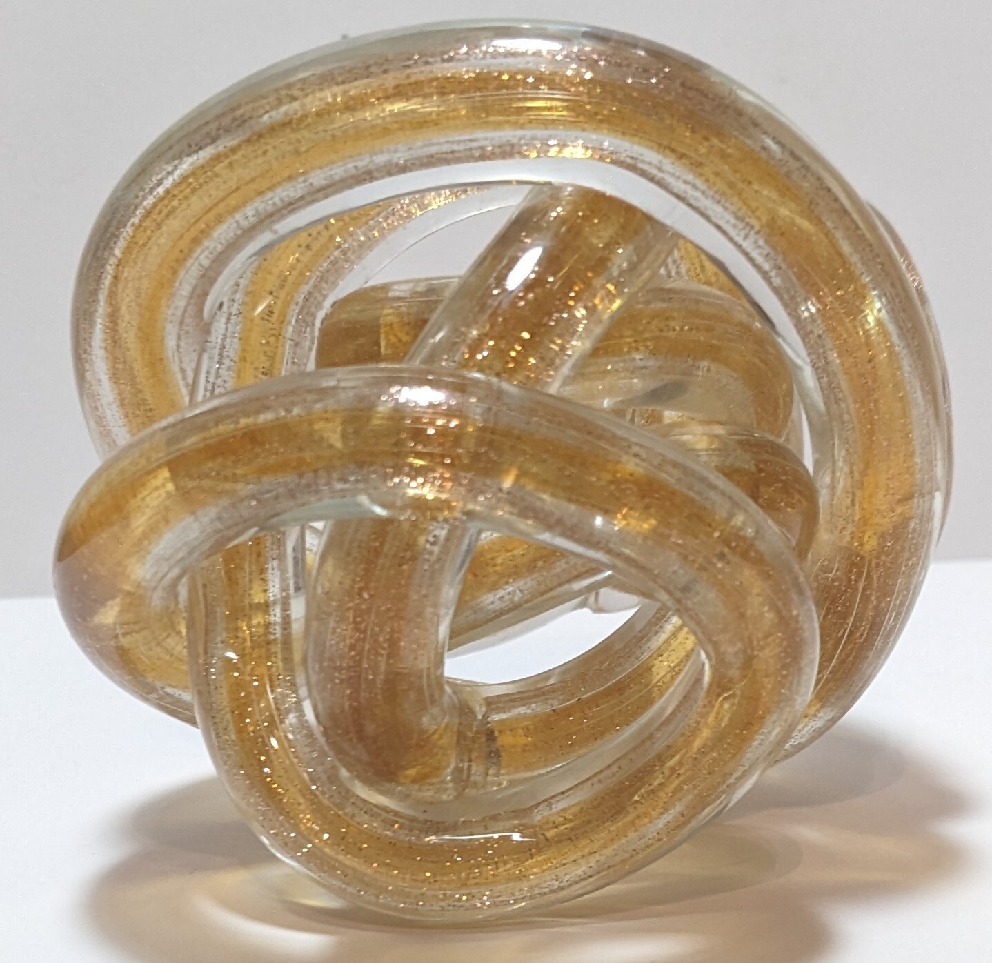 Amber Orange Gold Flake Art Clear Glass Glitter Twist Infinity Knot Paperweight