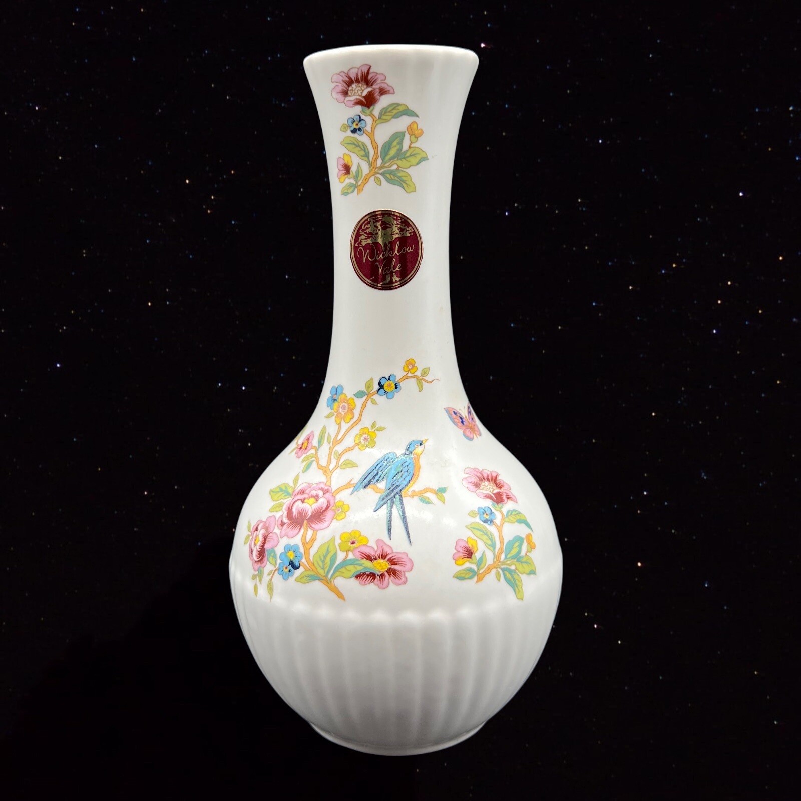 Wicklow Vale Ireland Porcelain Vase Bird And Original Sticker Butterfly 6”T 1.5”