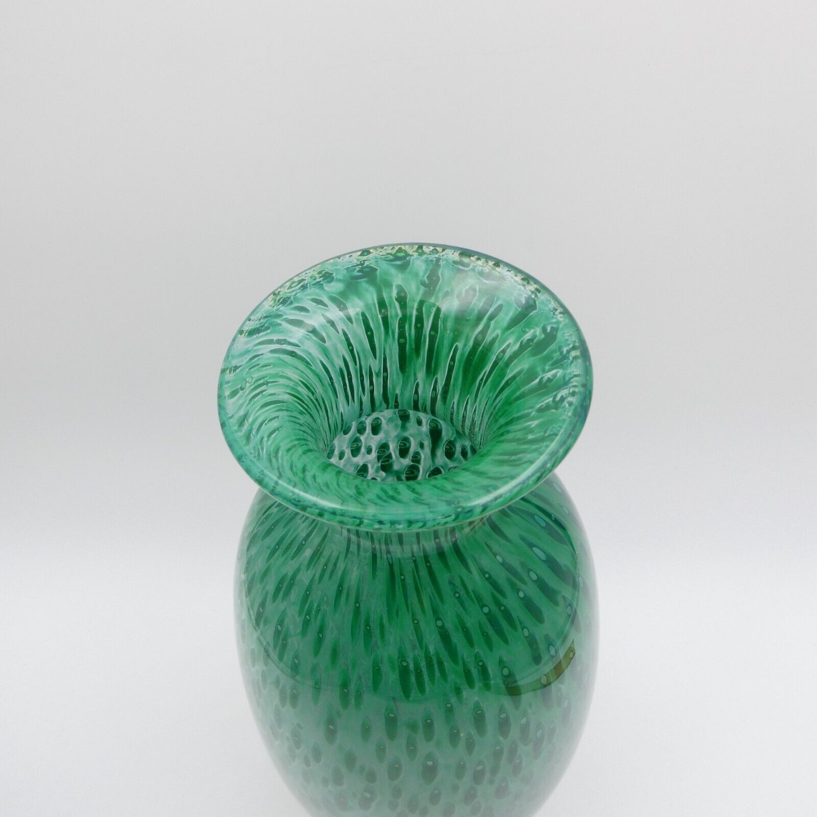 Art Glass Peacock Feathers Tall Vase 12 inch Emerald Green Blue Swirl Vintage