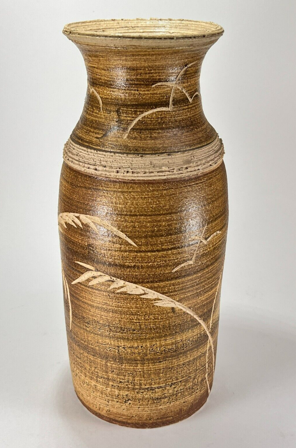 Vtg Studio Pottery Vase Coastal Earthenware Stoneware Seascape Seagulls Signed