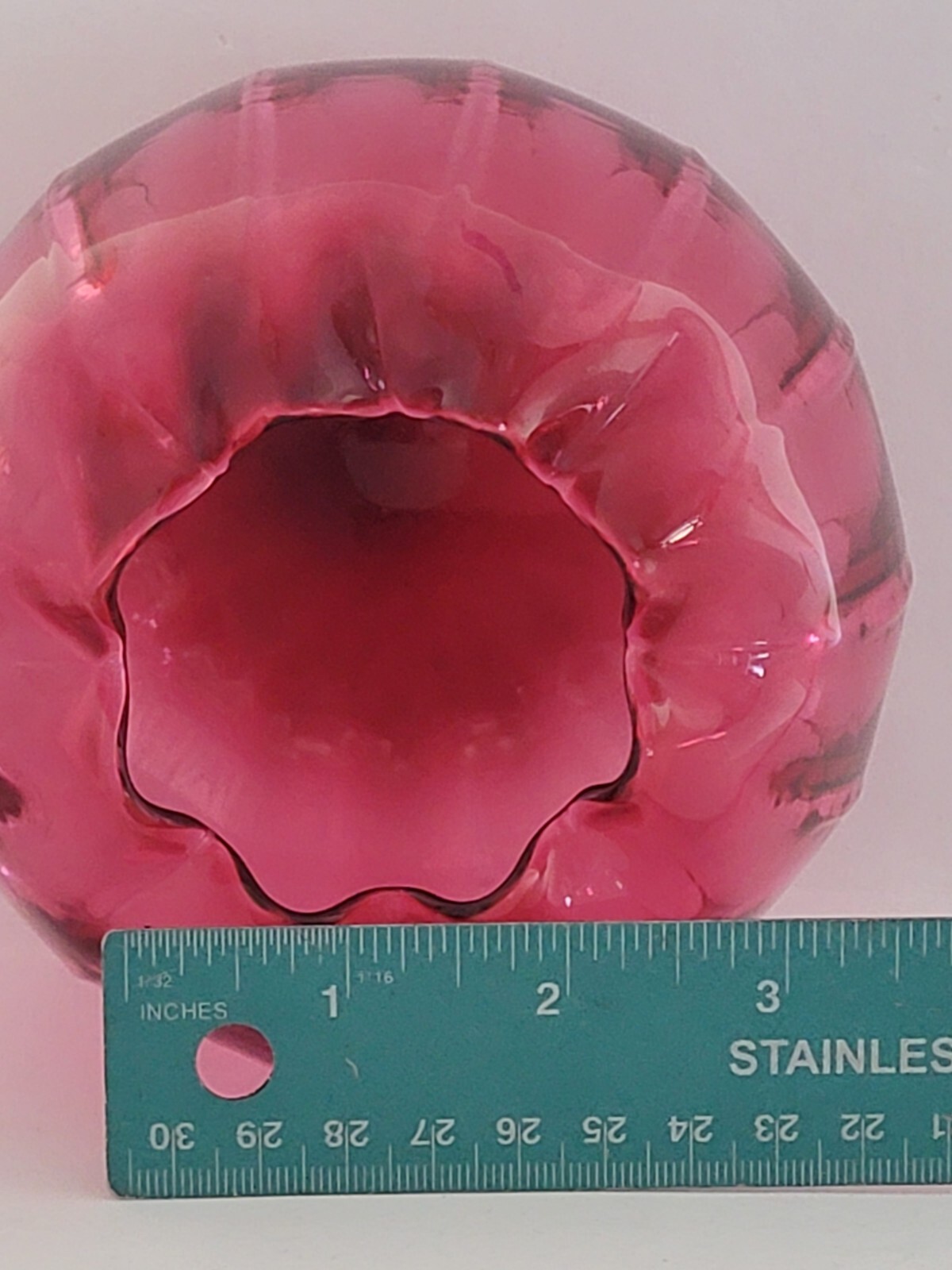 Hand Blown Pink/Cranberry Folded Edge Round Panel Glass Vase Home Decor 4” T