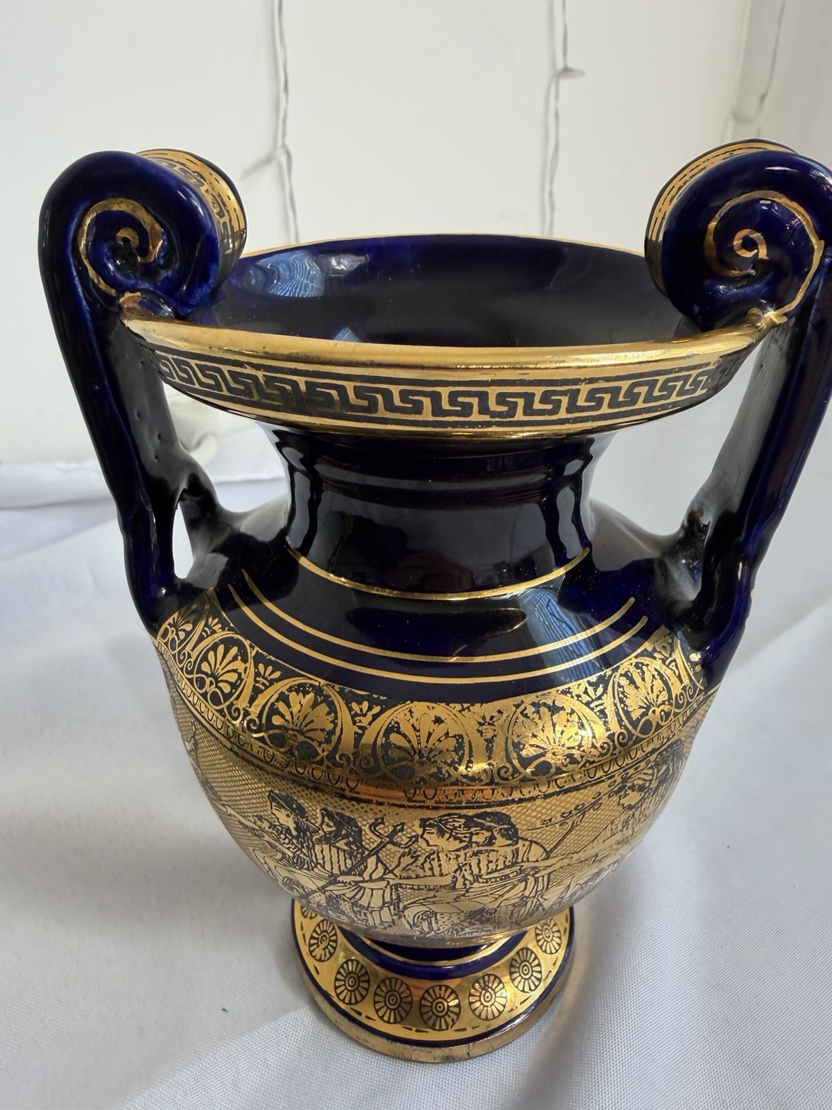 Greek Style Amphora Vase Cobalt Blue Gold Urn Classical Warriors 7” Decorative