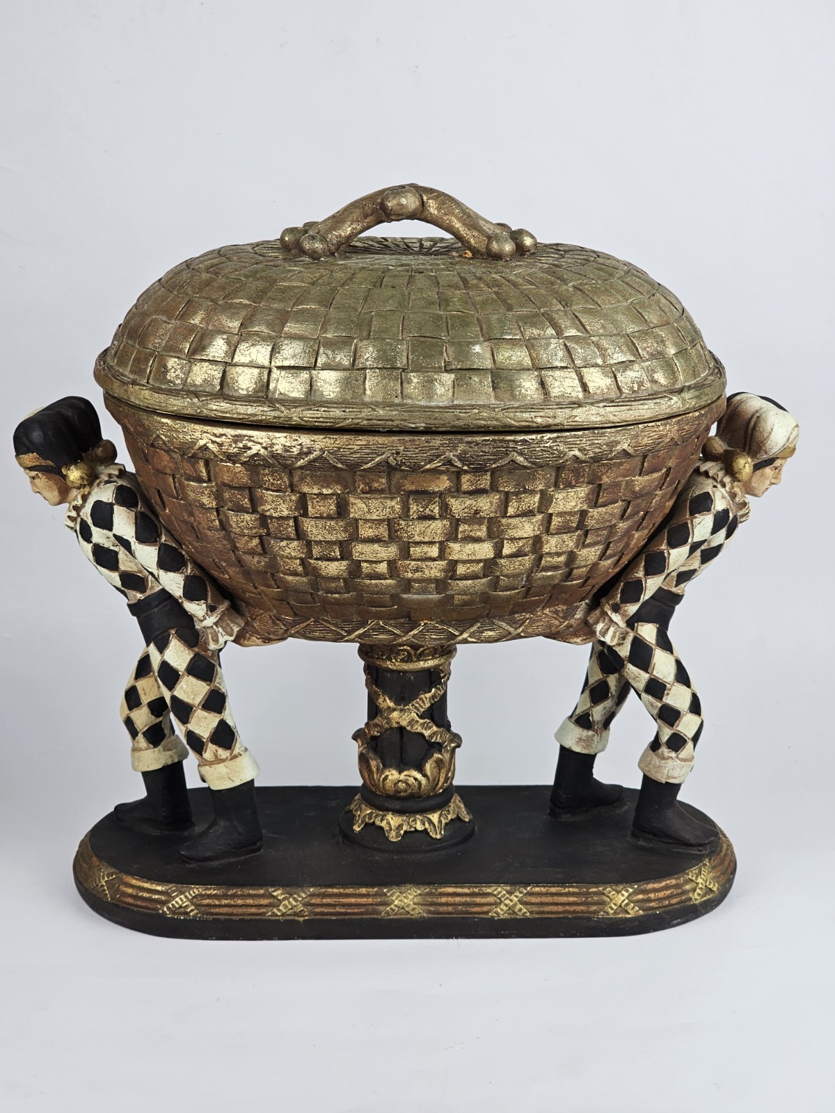 Vintage Harlequin Figural Ceramic Lidded Container Gold Trinket Basket Venetian