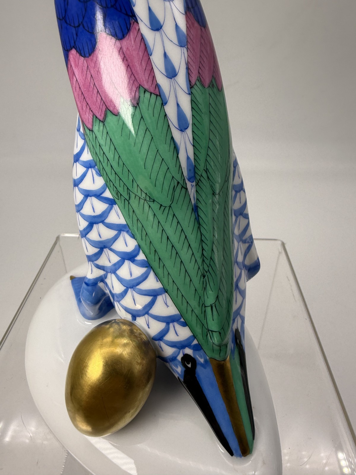 Exquisite Herend Porcelain Goose with Golden Egg In Fishnet Blue Hand Made