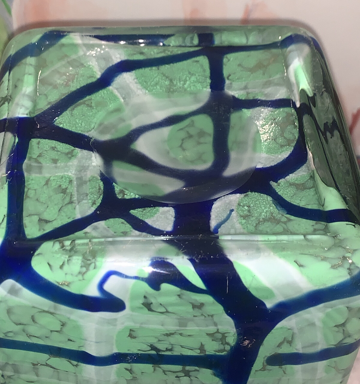 Modern Art Glass Square Vase Green White Clear Deep Blue 15.75”T 5”Sq Contemp EC