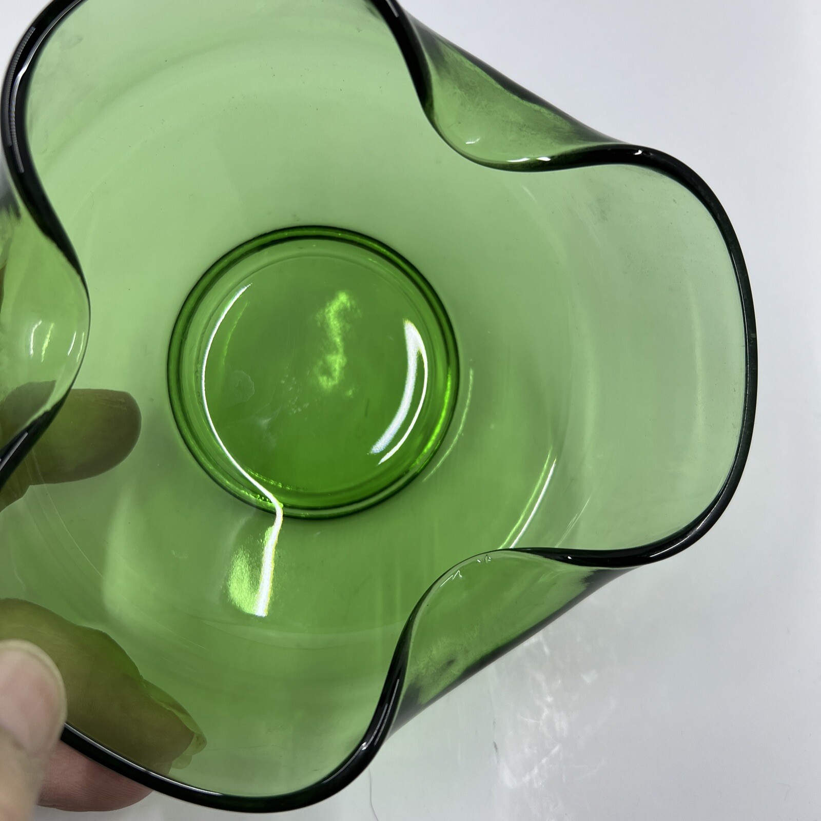 retro Mid Century Green Glass 9″ 5 Bowl with Fluted sides Chip dip party server