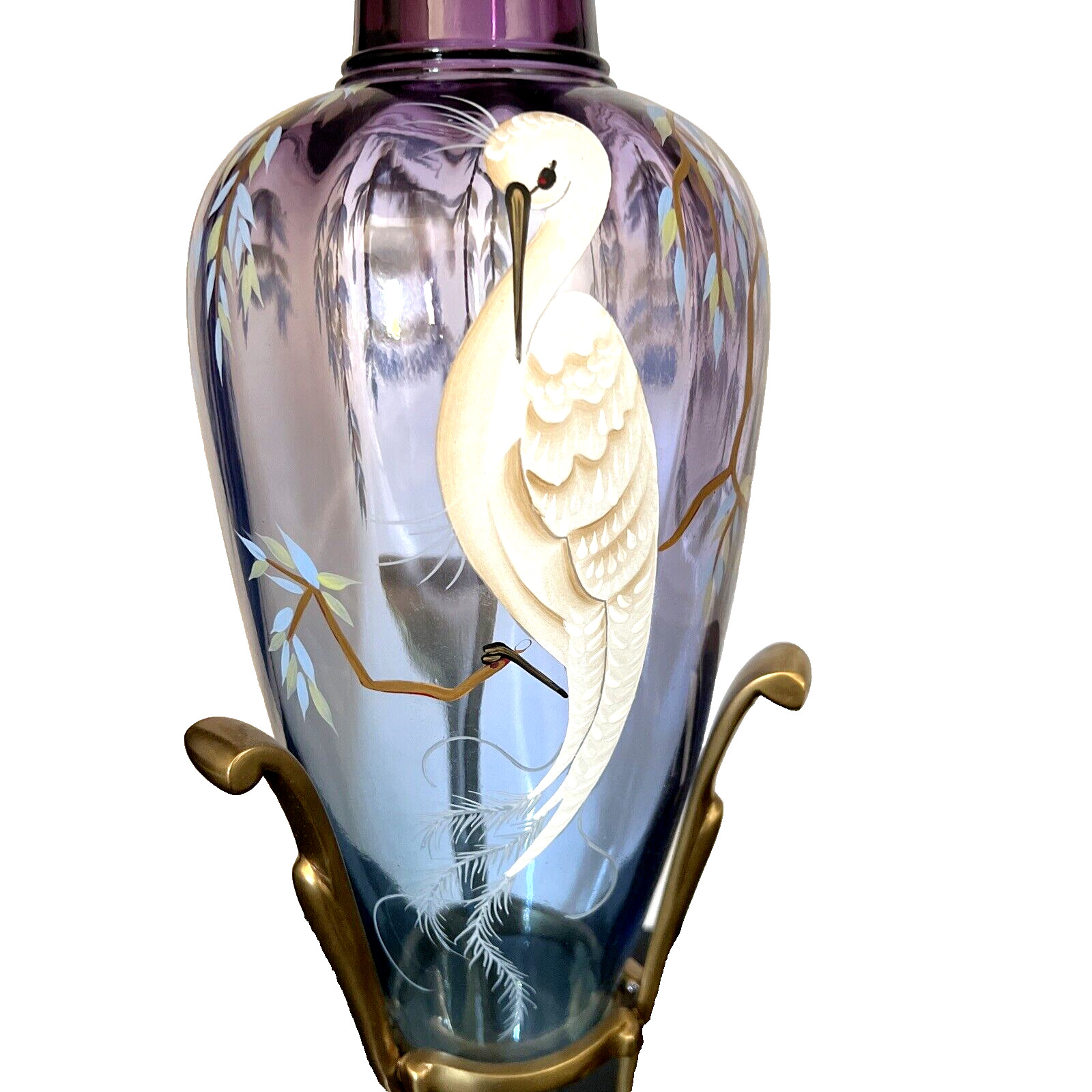 Fenton Art Glass Mulberry Blue Mystical Bird Amphora Vase 14.5 inches Signed