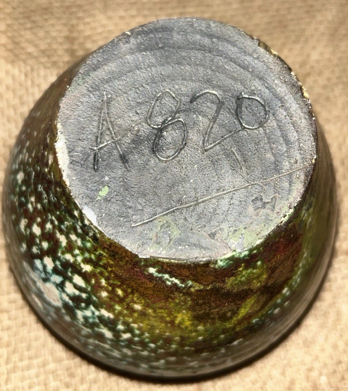 Original Raku Green Metallic Planter/ Pot/Vase 4”T 4 1/8”Diam Top Signed A820