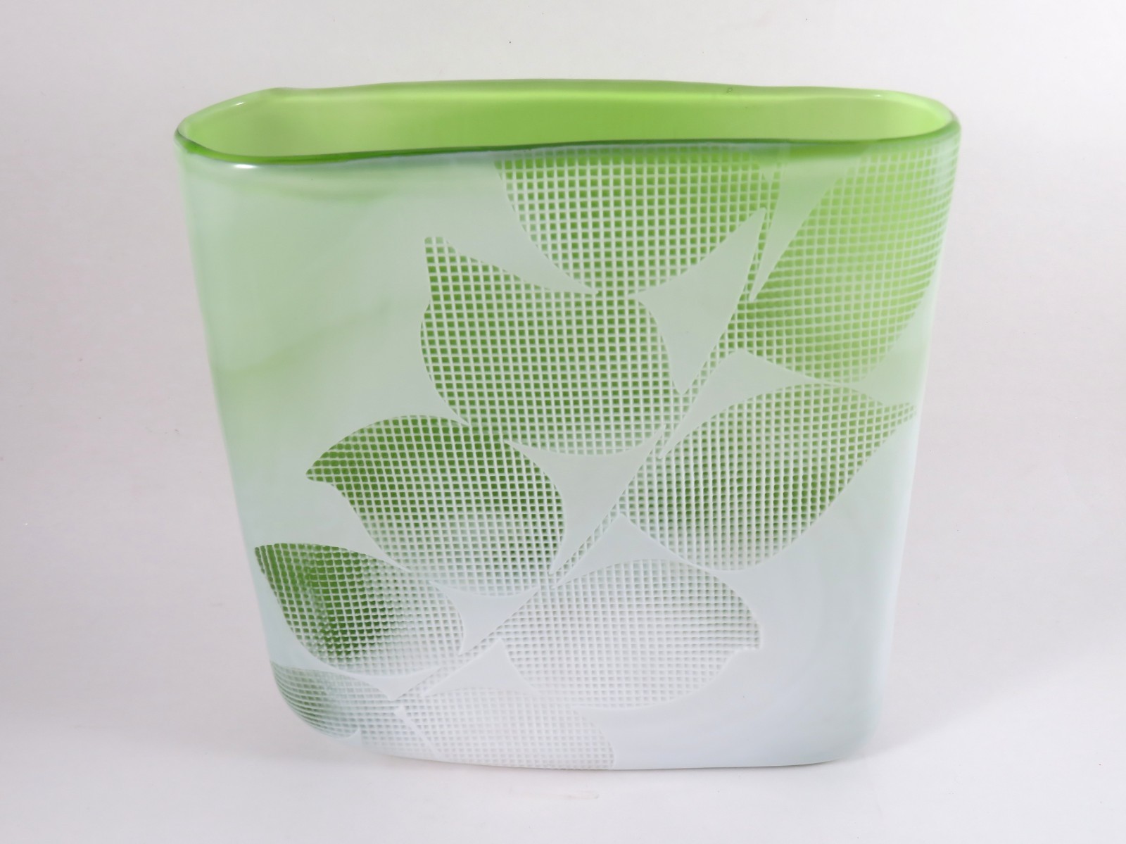 Heavy Blown Cased Glass Vase Green White Embossed Grid Leaves 8X7.5X2.75 Inches