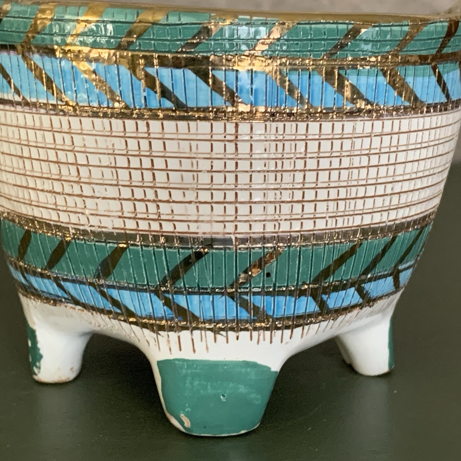 Vintage Bitossi Aldo Londi Rimini Cross Hatched Blue Gold Planter Italy