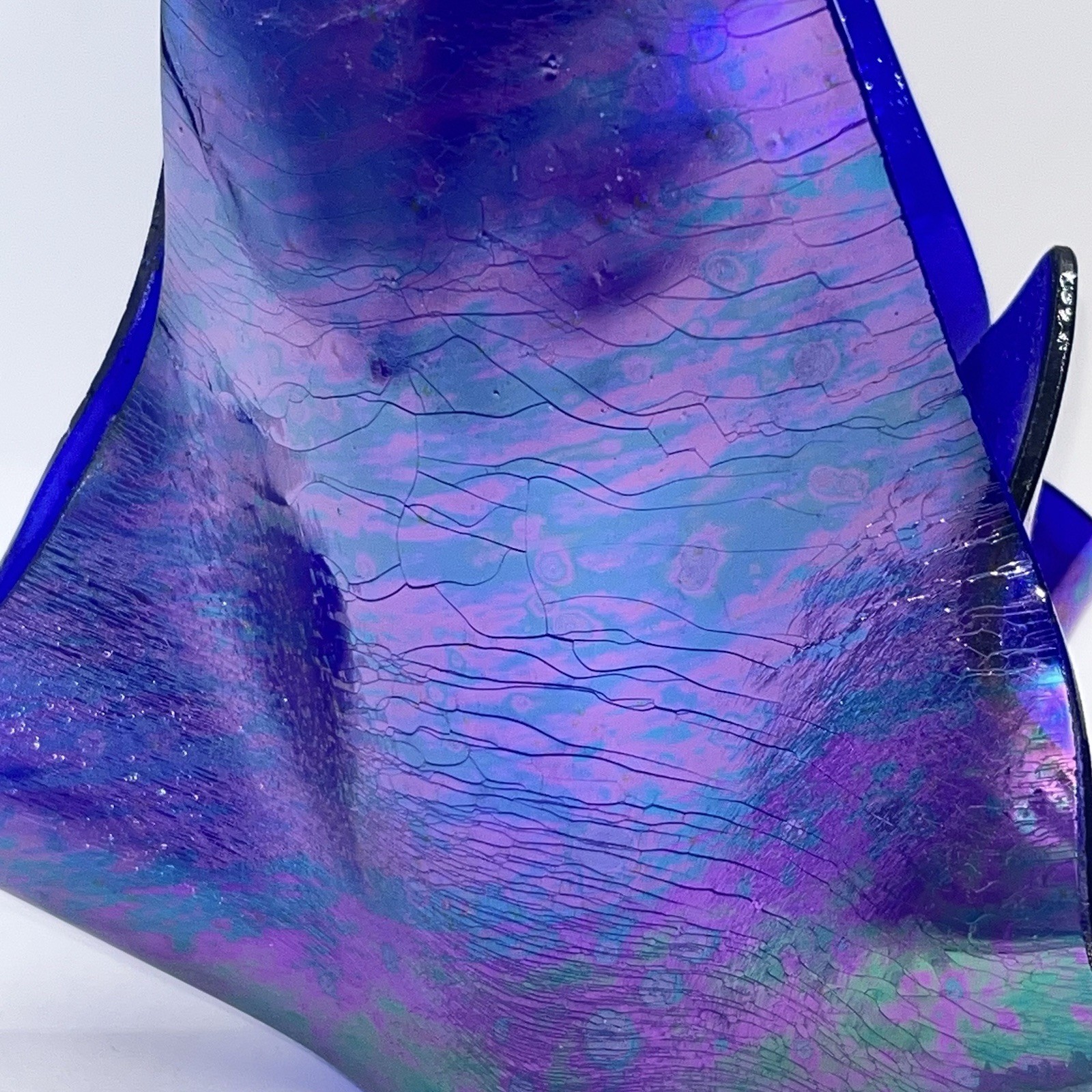 Iridescent Cobalt Blue Handkerchief Fused Art Glass Sculpture Vase Bowl 7”