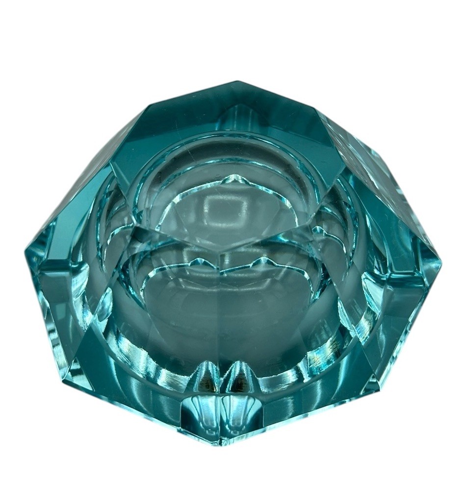 Moser Style Gem Ashtray Glows AS IS Blue Turquoise Glass Geometric Multifaceted