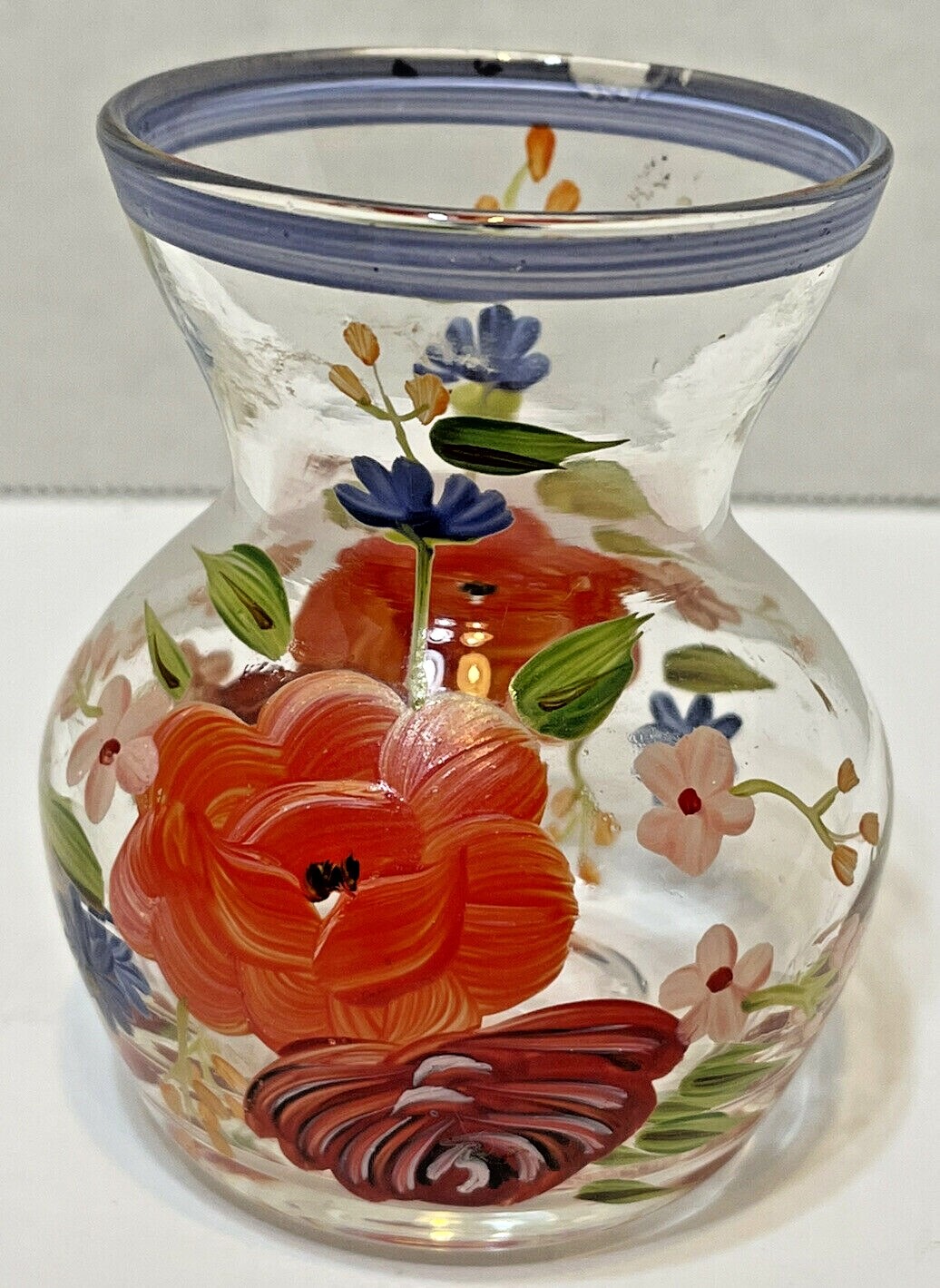 Vintage Small Hand Painted Floral Clear Glass Bud Vase 3 Inches Tall