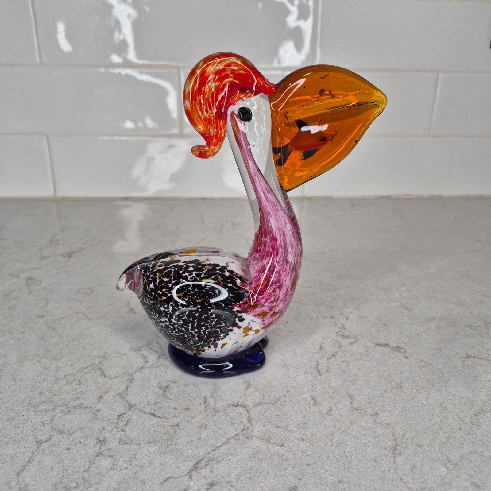 Pelican Figurine Art Glass Fish In Beak Multicolor Murano Style