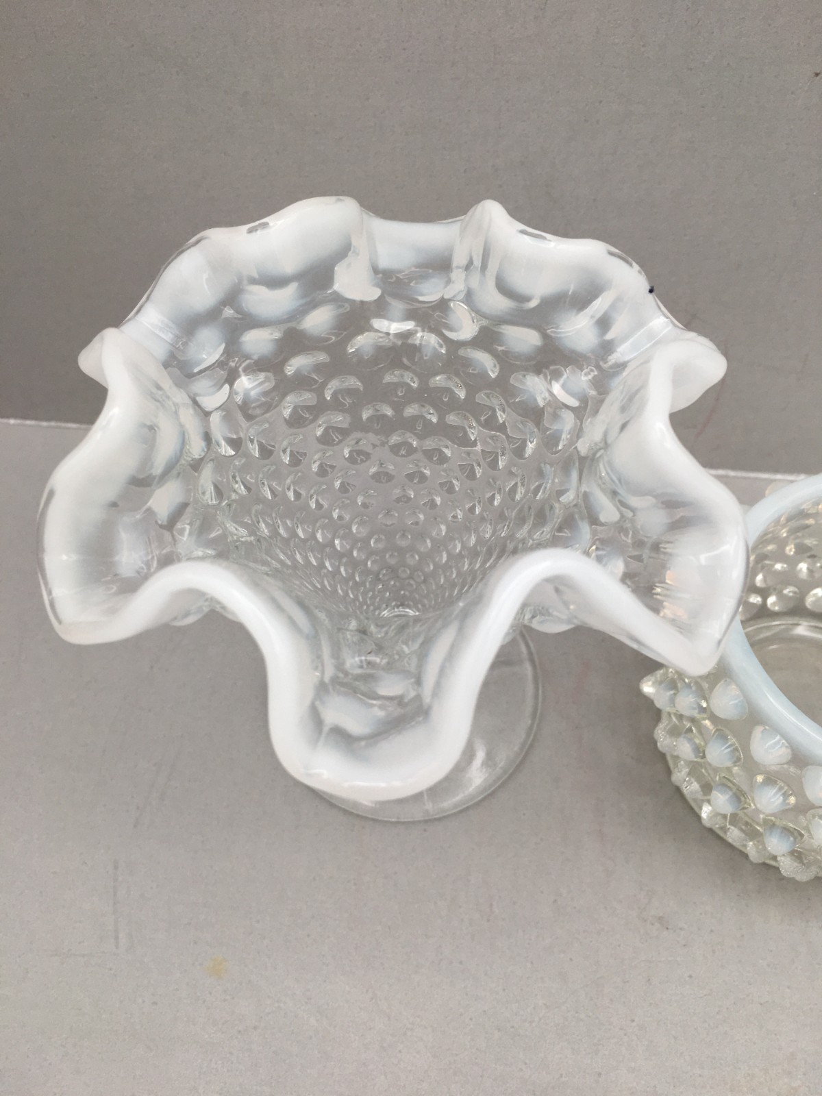 LOT OF 2 – Fenton 4″ hobnail opalescent vase & 2 1/8″ round multi-purpose bowl