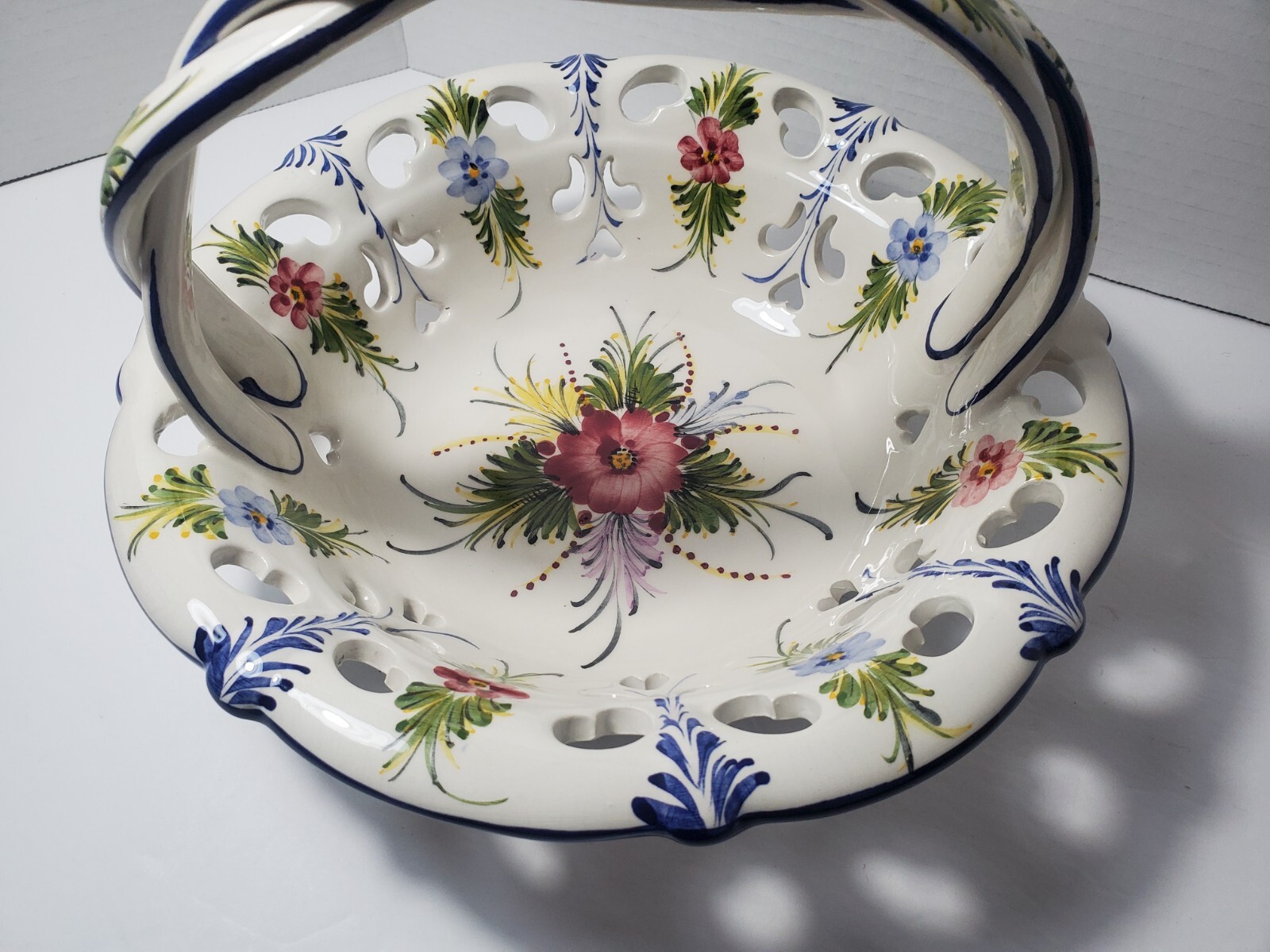 Floral Ceramic Hand Painted Fruit or Bread Basket Braided Handle RCCL Portugal